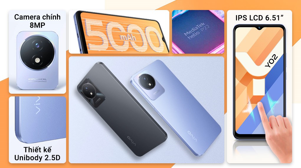 Điện thoại Vivo Y02 (Xanh Tím, Đen)