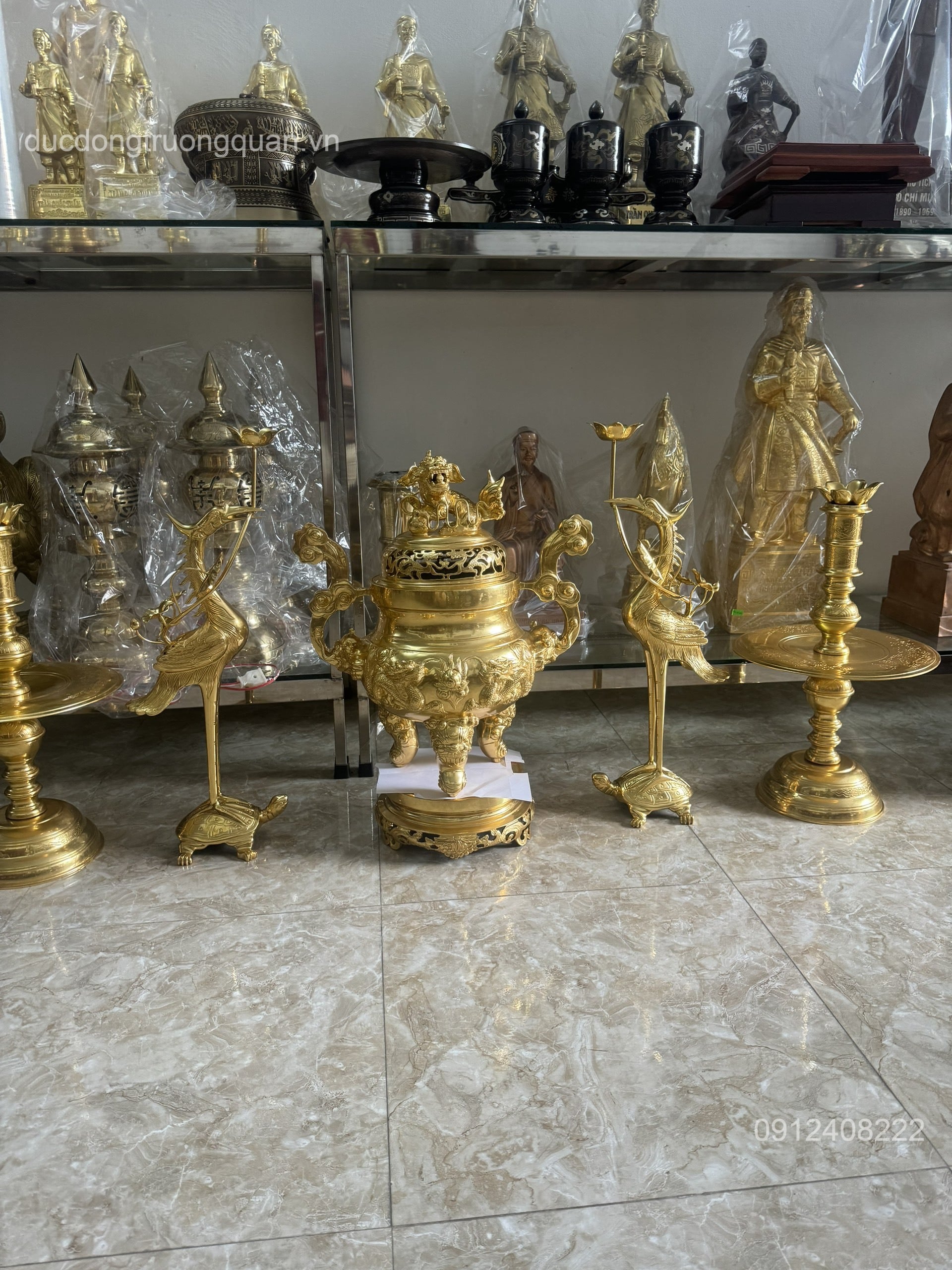 BỘ NGŨ SỰ SONG LONG CHẦU NGUYỆT DÁT VÀNG 9999 CAO 60C