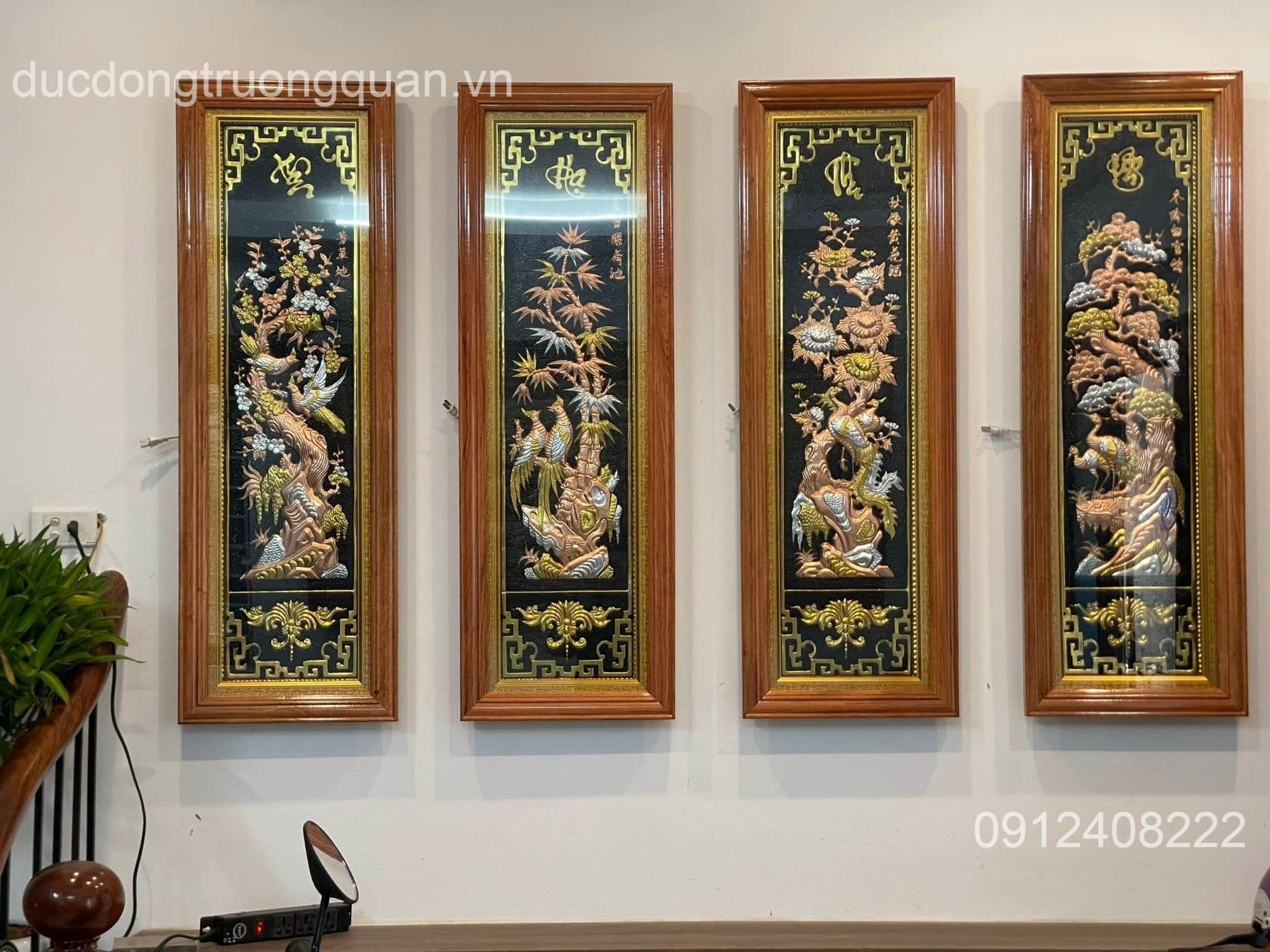 BỘ TRANH TỨ QUÝ TÙNG CÚC TRÚC MAI BẰNG ĐỒNG VÀNG TUYỆT ĐẸP 1M2