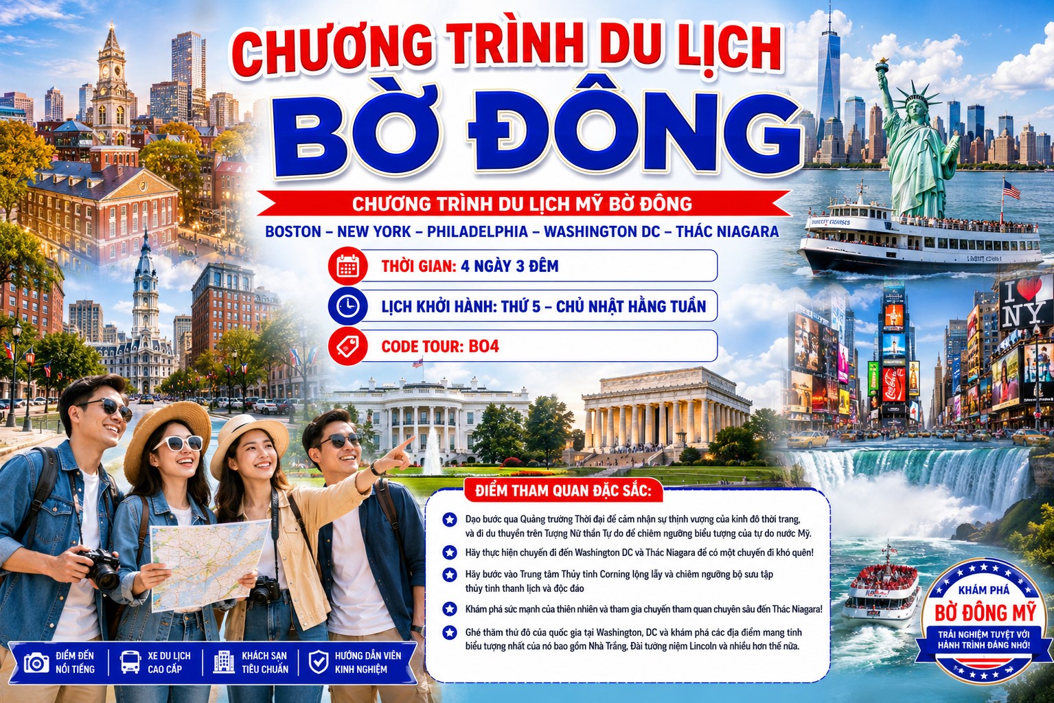 BO4 CHƯƠNG TRÌNH DU LỊCH MỸ BỜ ĐÔNG  BOSTON – NEW YORK – PHILADELPHIA– WASHINGTON DC – THÁC NIAGARA