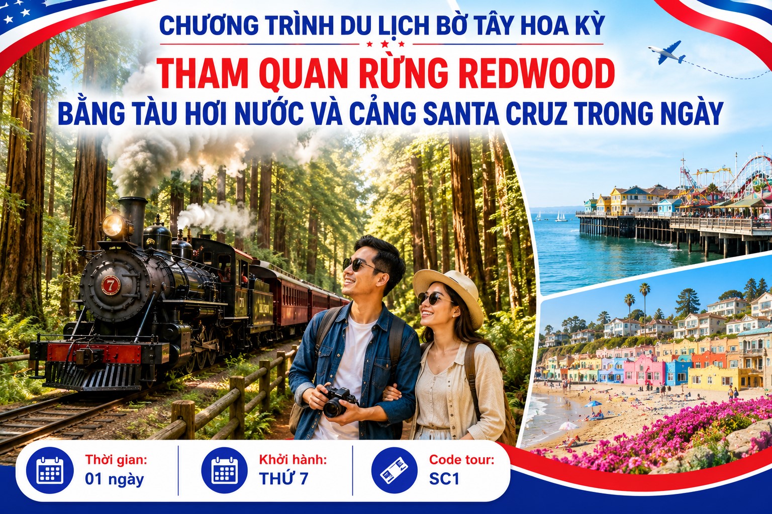 SC1 - THAM QUAN RỪNG REDWOOD BẰNG TÀU HƠI NƯỚC VÀ CẢNG SANTA CRUZ TRONG NGÀY