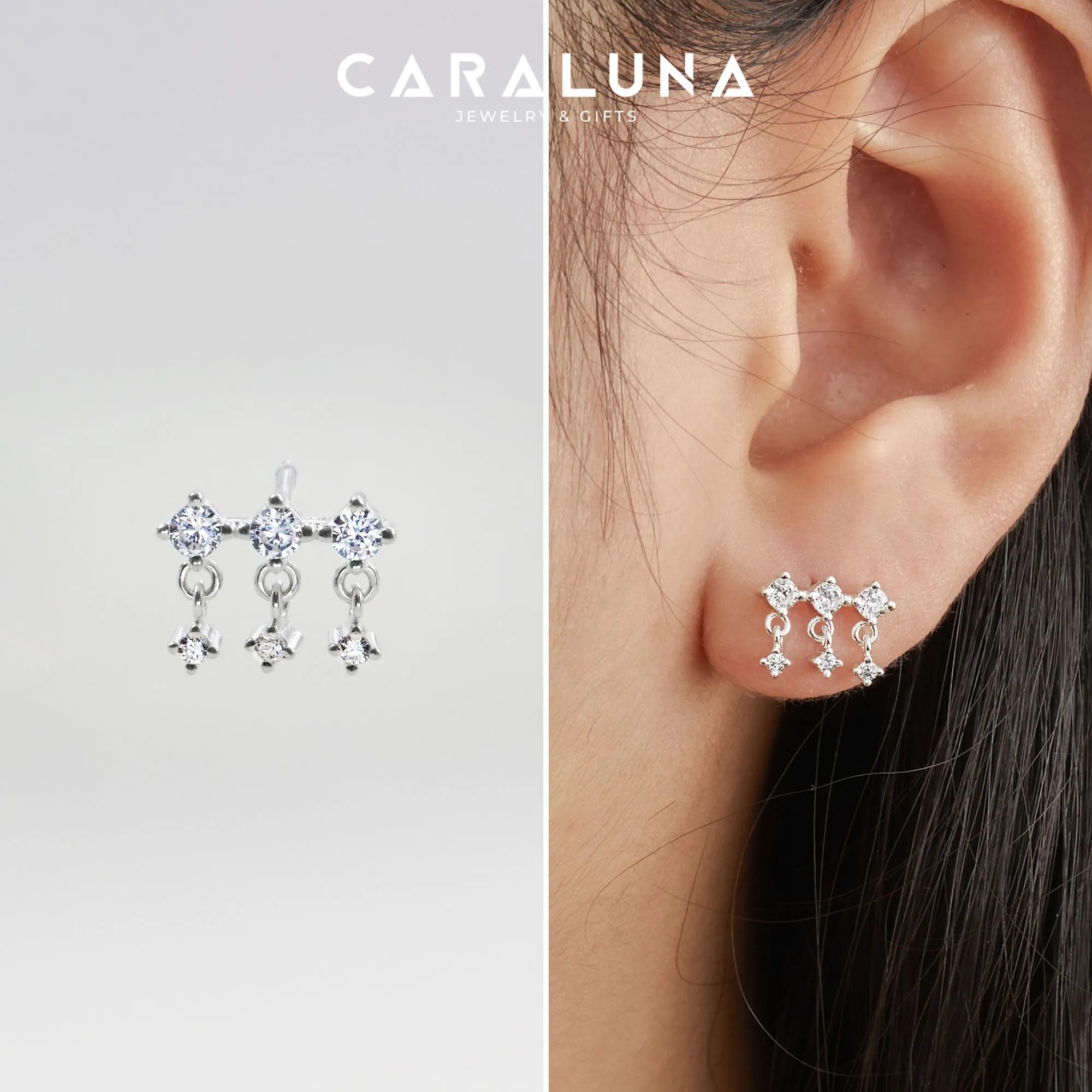 Khuyên Tai Bạc 925 Drop Stud Đá 3 Hàng Triple Earrings - VCE506-L