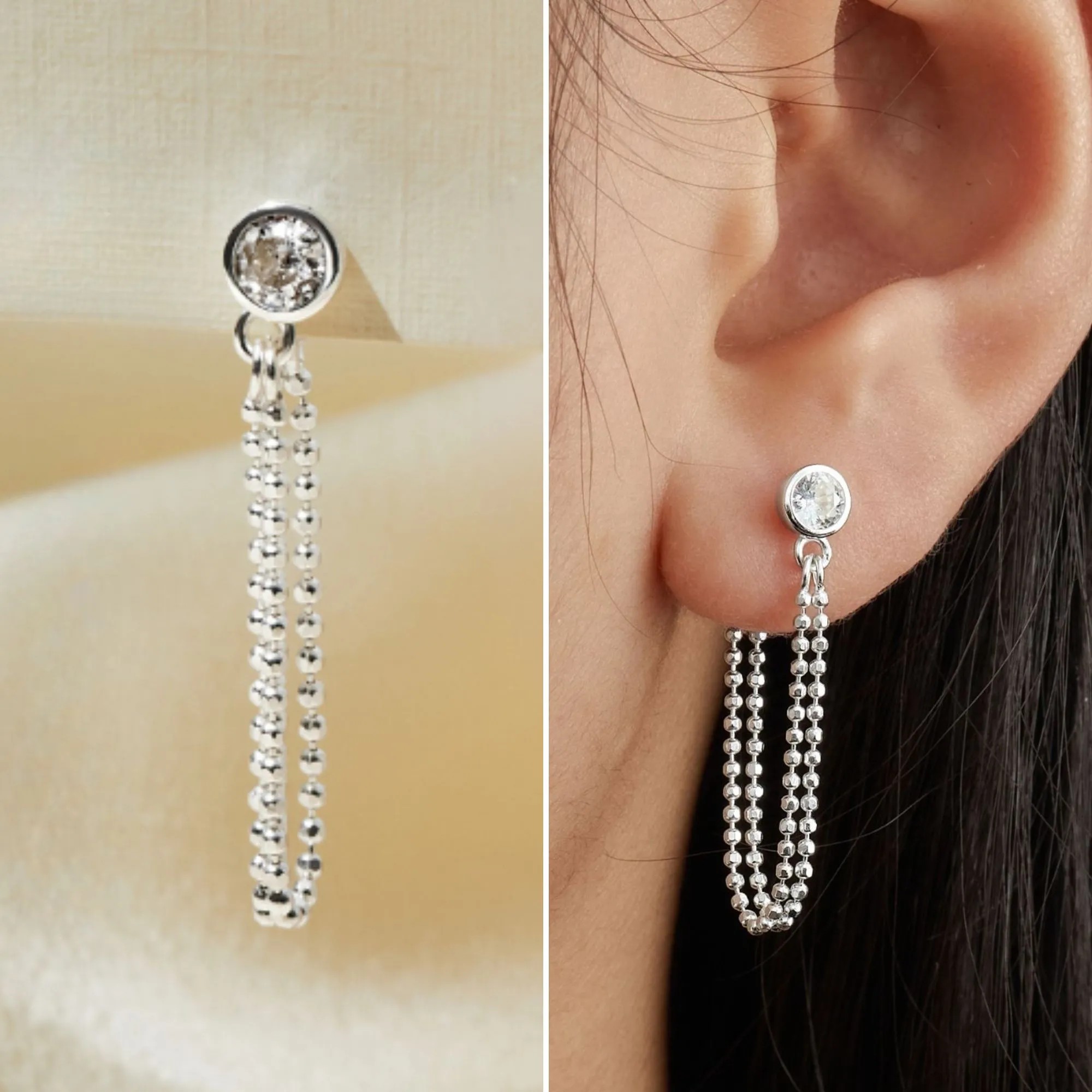 (1 Cái) Khuyên Tai Bạc 925 Jacket Earrings Xích Đôi Đính Đá - VCE526-L