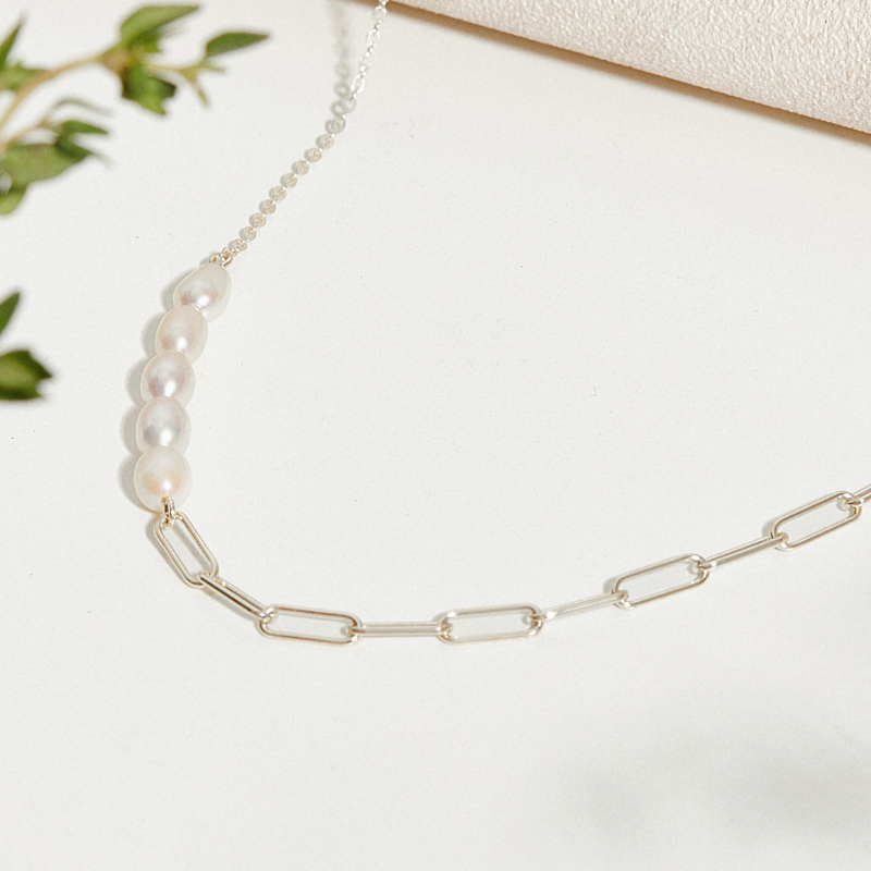 Dây chuyền Bạc 925 Xích Chữ Nhật Và Chuỗi Hạt Trai Tự Nhiên Sophia - VSN01