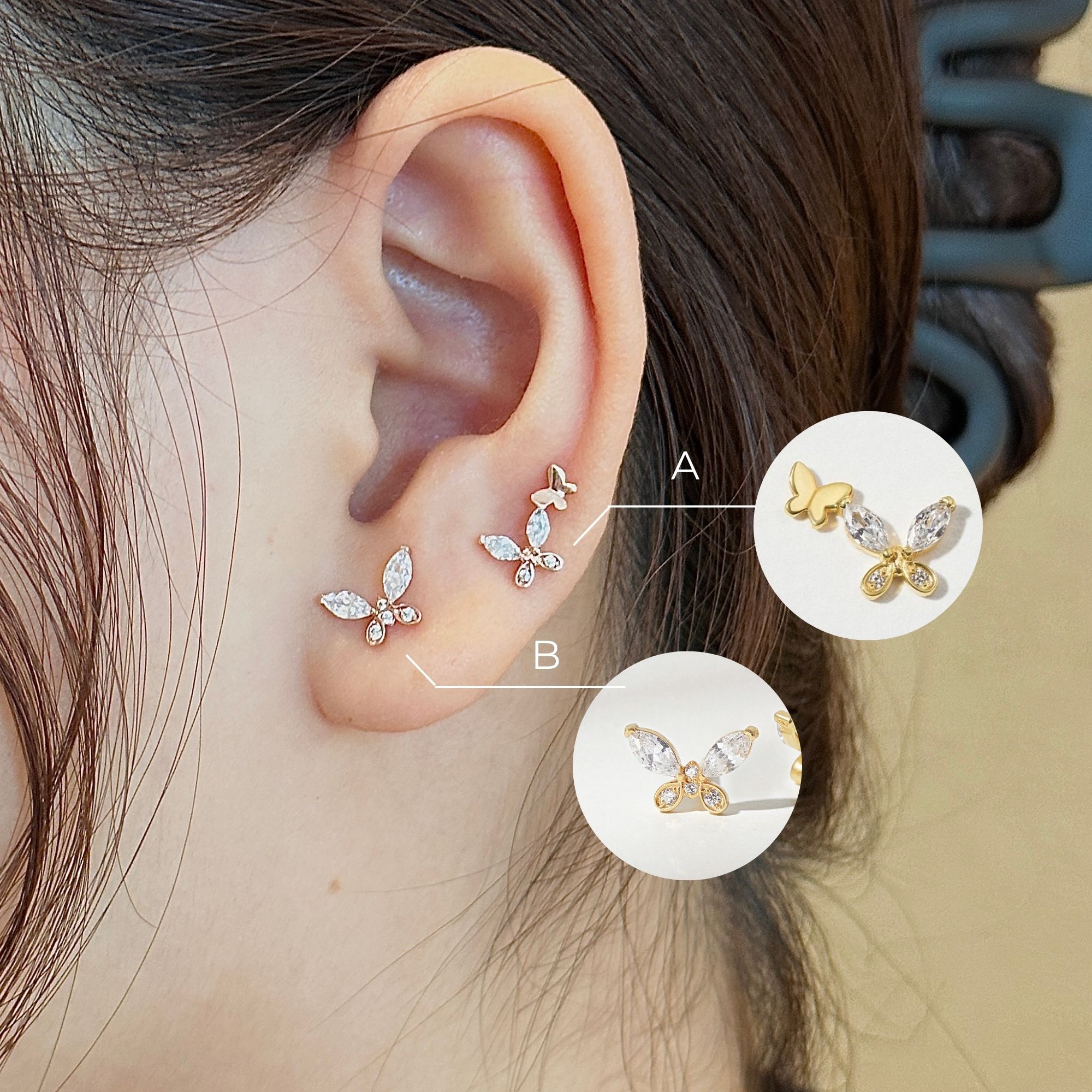 Set Khuyên Tai Bướm Bạc Classic - Earrings Stack Hoa Tai Nụ Hồ Điệp CARA LUNA - Set Dainty Butterfly (2 chiếc)