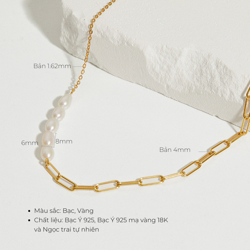 Dây chuyền Bạc 925 Xích Chữ Nhật Và Chuỗi Hạt Trai Tự Nhiên Sophia - VSN01