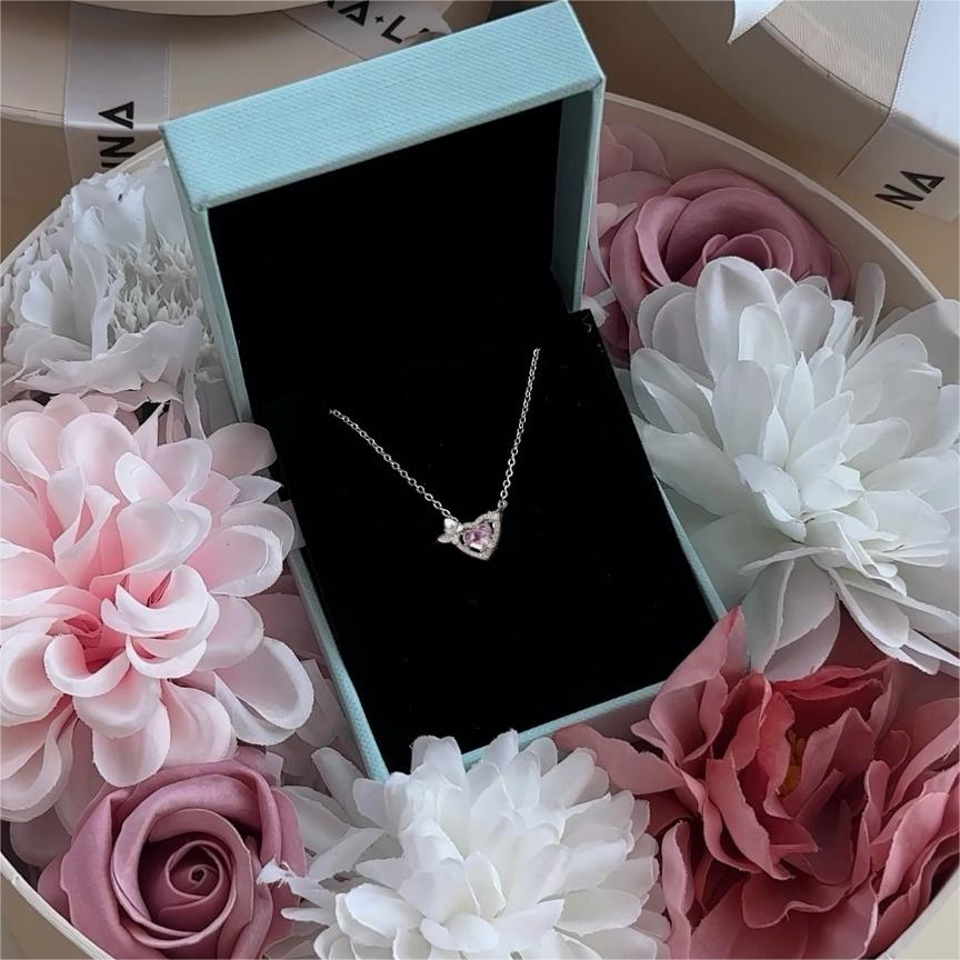 Quà Tặng 8/3 Dây Chuyền Bạc 925 Trái Tim Đá Hồng Gắn Nơ Nữ Tính - VCN516