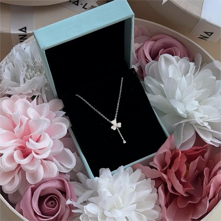 Dây Chuyền Lariat Bạc 925 Cỏ 4 Lá Trái Tim Trai Xà Cừ Đính Đá Giọt Nước - VYN75