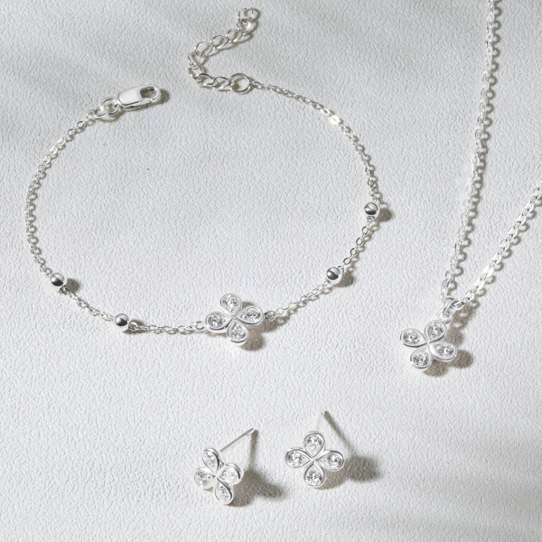 Set Quà Tặng Trang Sức Bạc Cao Cấp - Set 3 Món - Cỏ 4 Lá May Mắn 4 Leaf Clover - VYB27 & VYN50 & VYE28