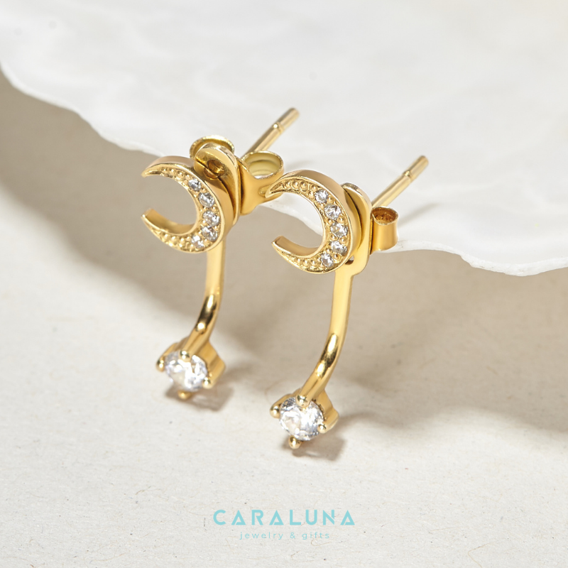 Hoa Tai Bạc 925 Không Dây Trăng và Sao Floating Stars & Moon Đính Đá Jacket Earrings  - BE93