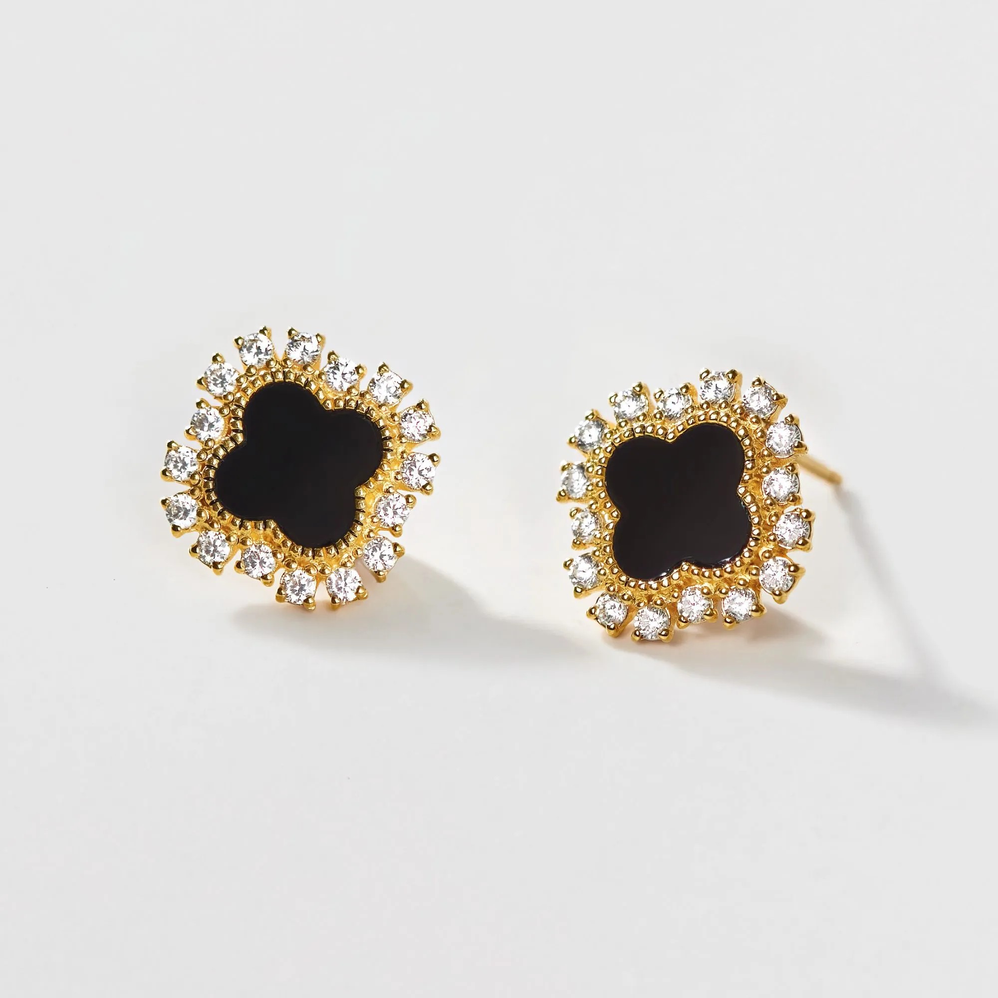 Bông Tai Bạc 925 Cỏ 4 Lá Đá Onyx Đen 4 Leaf Clover - VCE36