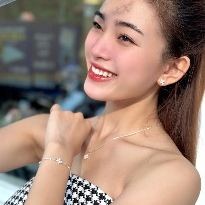 Set Quà Tặng Trang Sức Bạc Cao Cấp - Set 3 Món - Cỏ 4 Lá May Mắn 4 Leaf Clover - VYB27 & VYN50 & VYE28