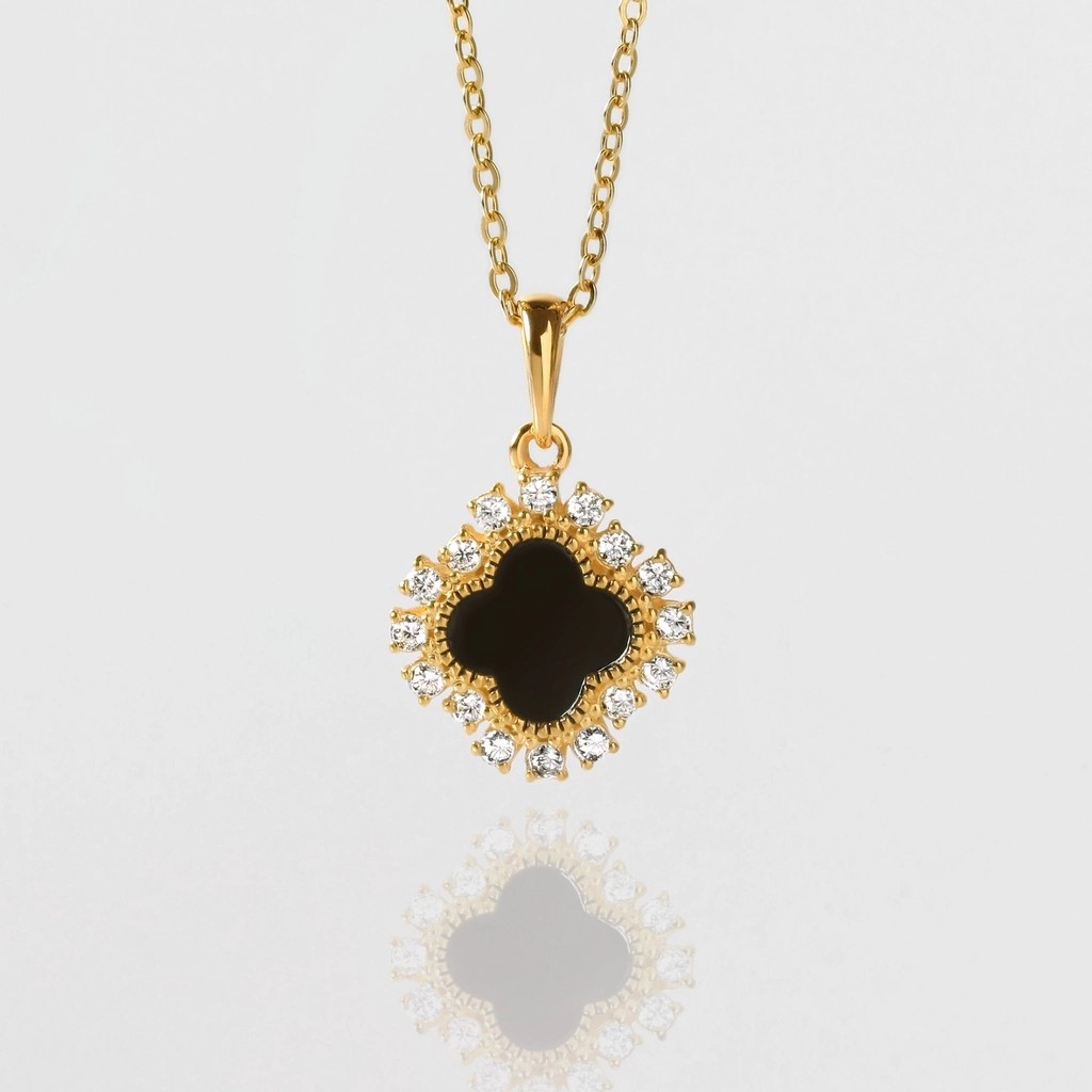 Dây Chuyền Bạc 925 Cỏ 4 Lá Đá Onyx Đen 4 Leaf Clover - VCN36