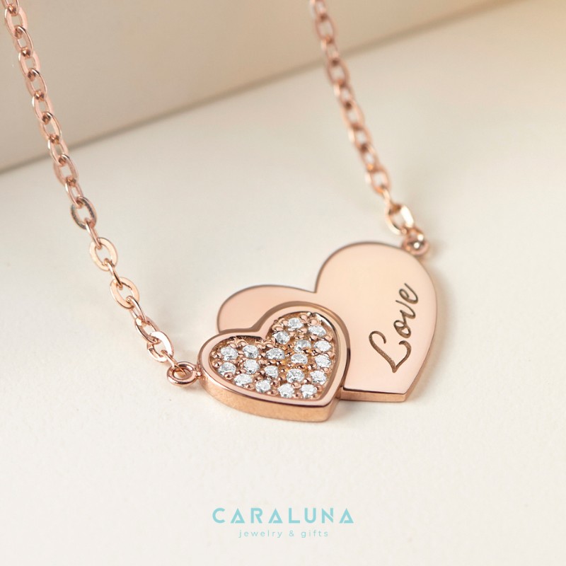 Dây Chuyền Bạc 925 Hai Trái Tim Đính Đá Khắc Chữ Love - Heart To Heart - VYN37
