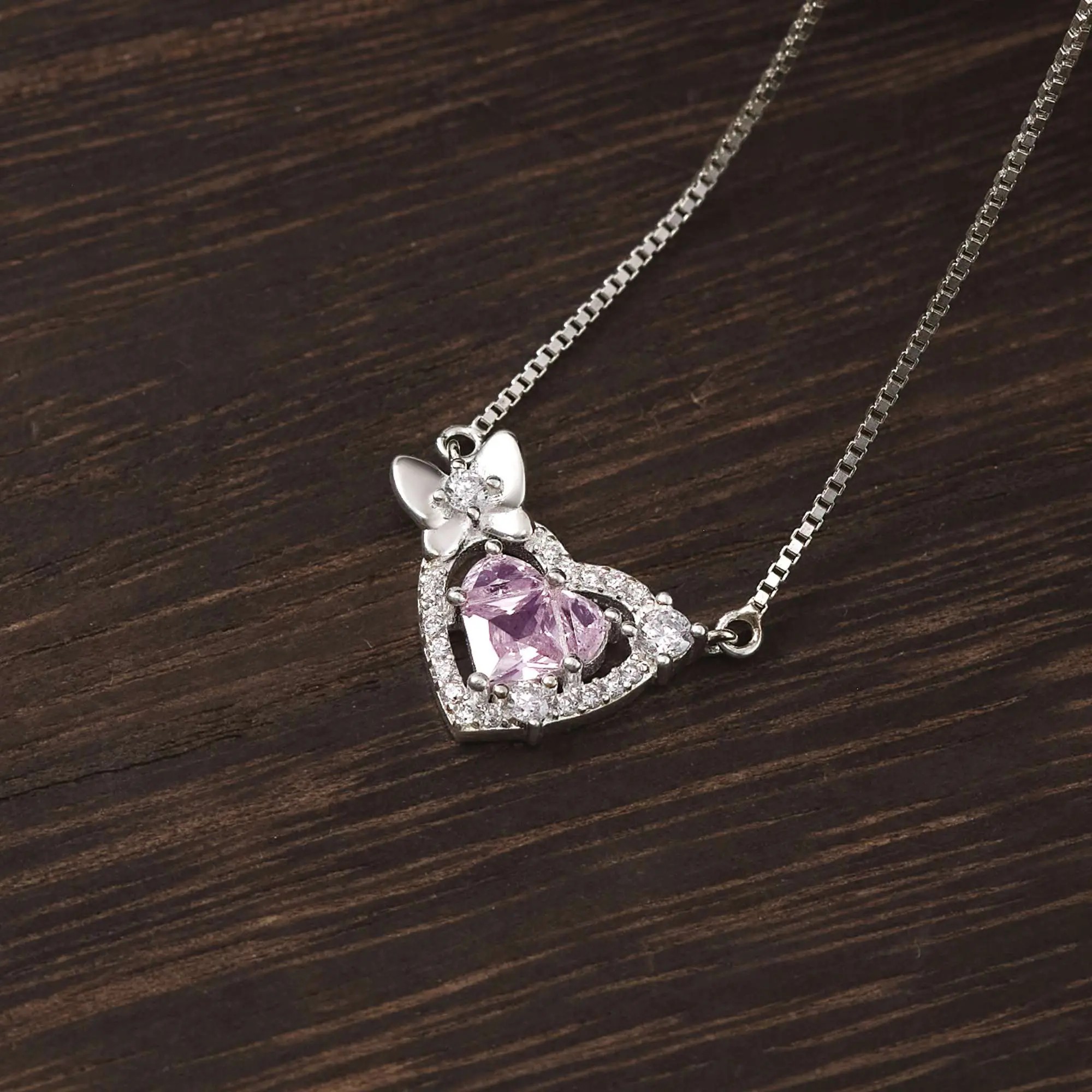 Dây Chuyền Bạc 925 Trái Tim Đá Hồng Gắn Nơ Nữ Tính - VCN516