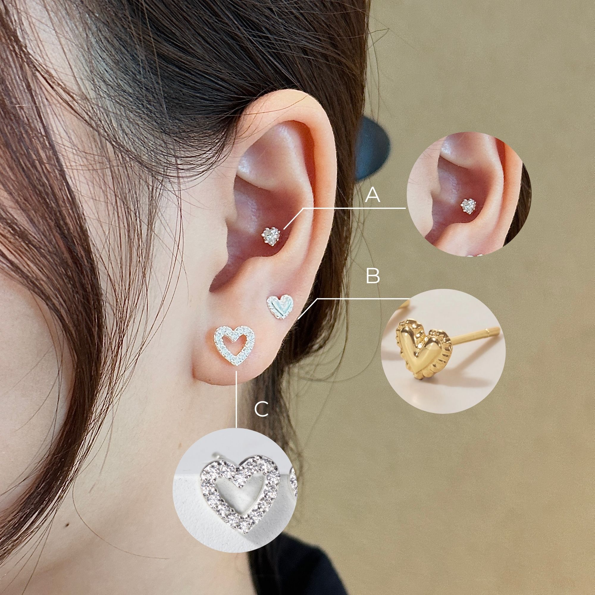 Set Khuyên Tai Nụ Trái Tim - Earrings Stack Hoa Tai Nụ Bạc Thật CARA LUNA - Set Heart Stud (3 chiếc)