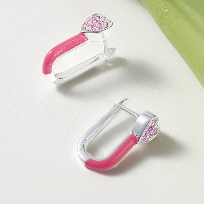 Hoa Tai Bạc 925 Dáng Hoop Mặt Trái Tim Đính Đá Hồng & Enamel Dark Pink - VSE500