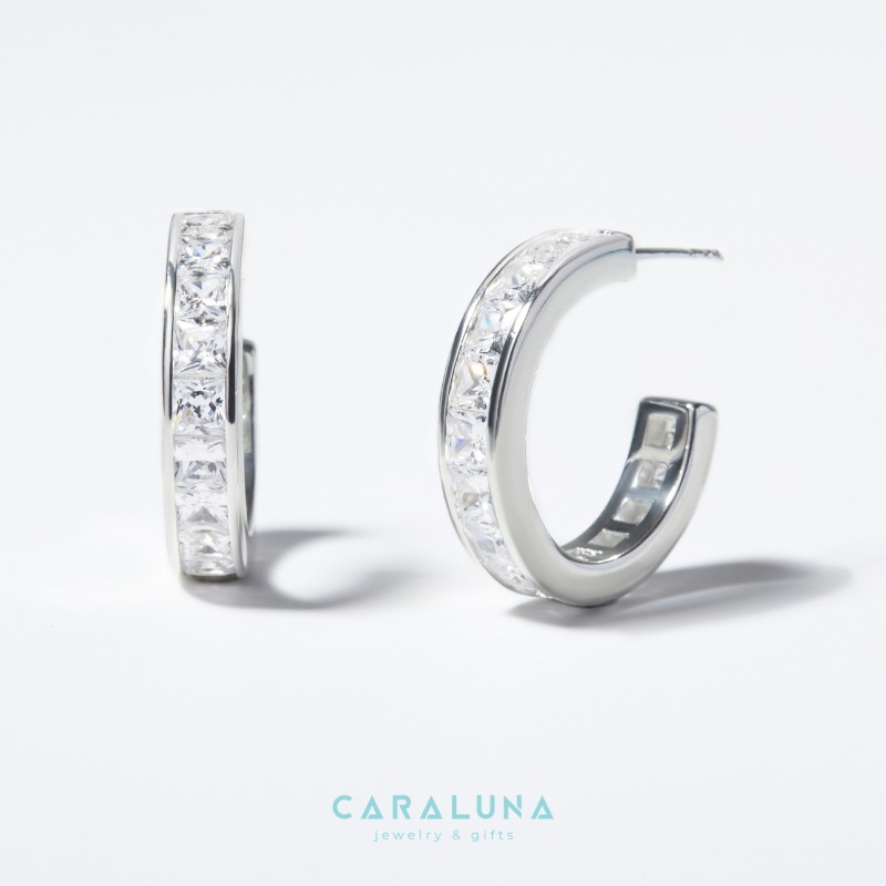 Hoa Tai Bạc 925 Đính Đá Bản Lớn - C Hoop Earring - Timeless - VYE505