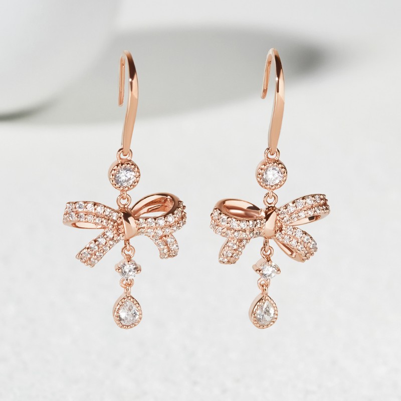 Hoa Tai Thả Bạc 925 Nơ Thắt Đính Đá Stone Bow Winter Snow - VGE03