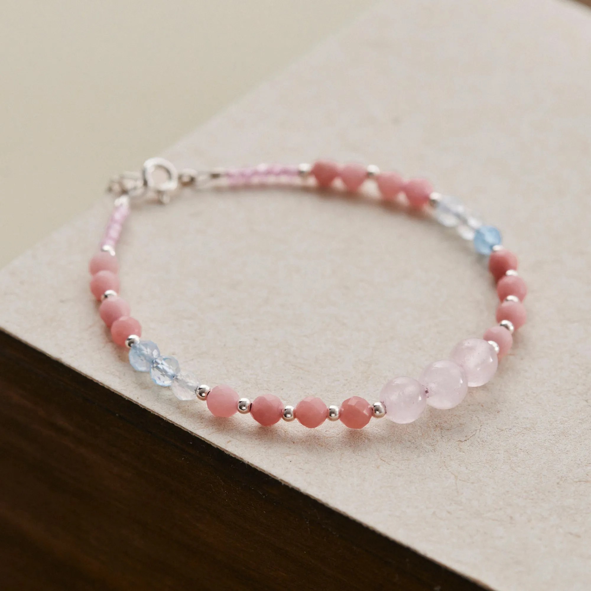 Lắc Tay Bạc 925 Phối Đá Aquamarine Tròn & Đá Opal Hồng - VDB06