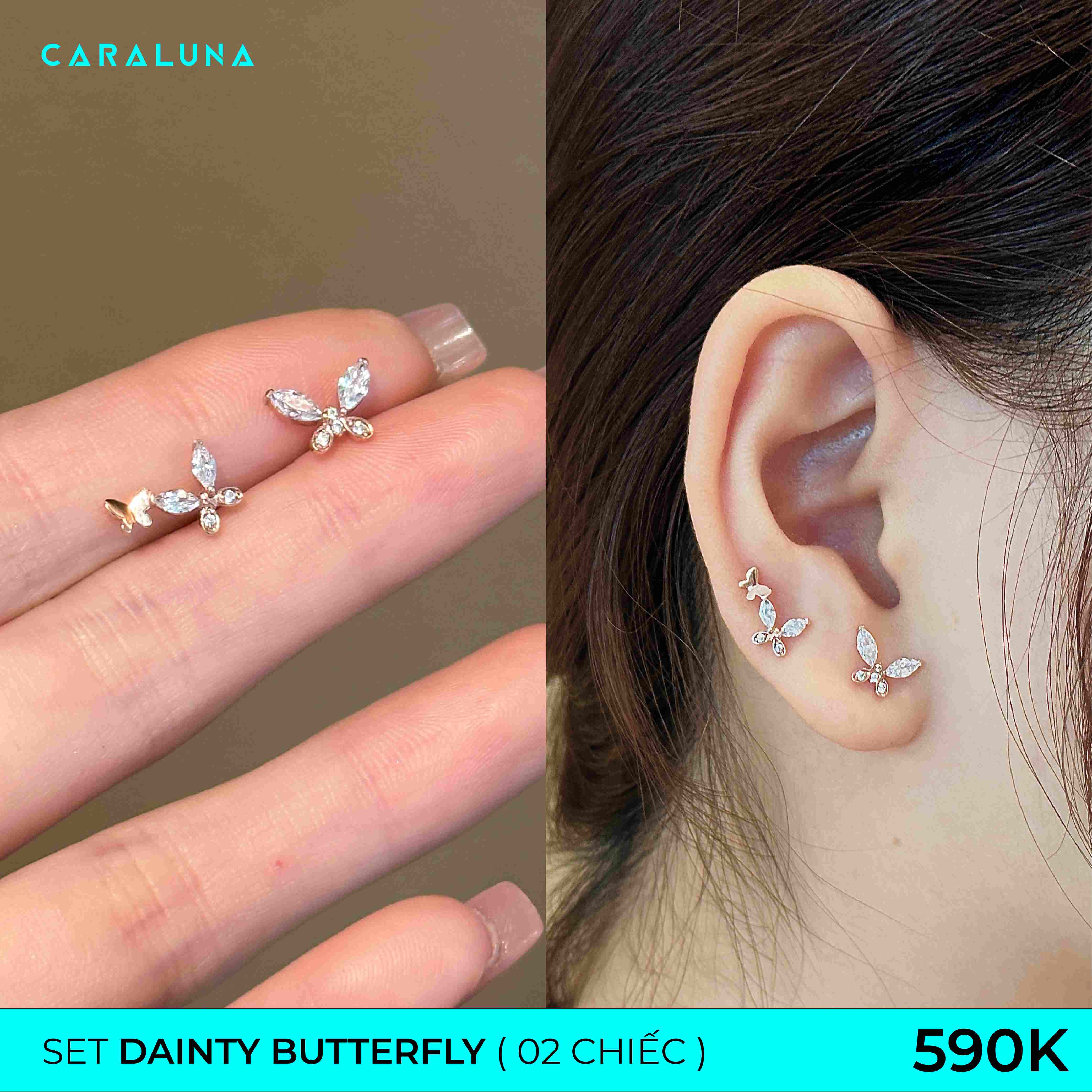 Set Khuyên Tai Bướm Bạc Classic - Earrings Stack Hoa Tai Nụ Hồ Điệp CARA LUNA - Set Dainty Butterfly (2 chiếc)
