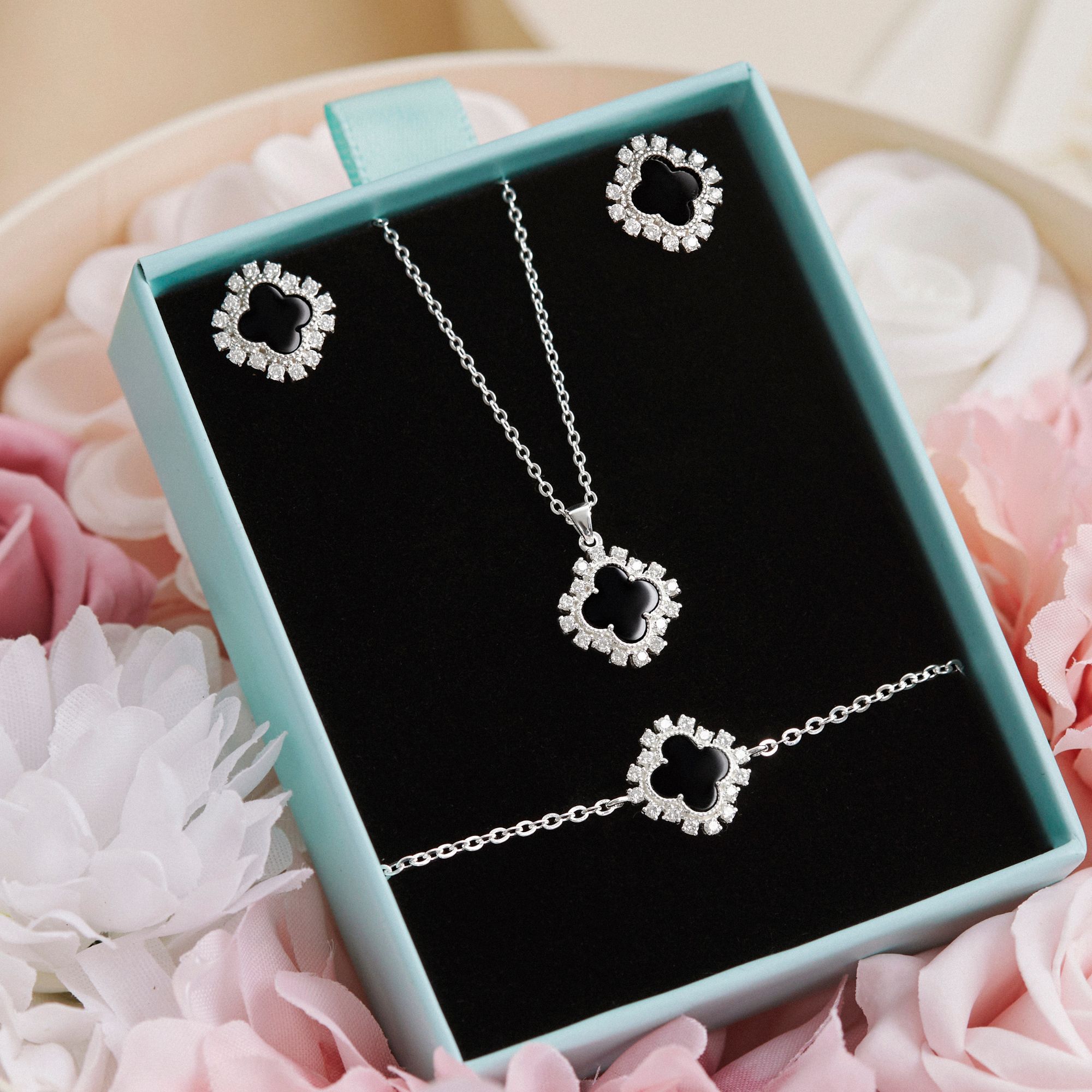 Set Quà Tặng Trang Sức Bạc Cao Cấp - Set 3 Món - Cỏ 4 Lá Đá Onyx Đen 4 Leaf Clover - VCB36 & VCN36 & VCE36