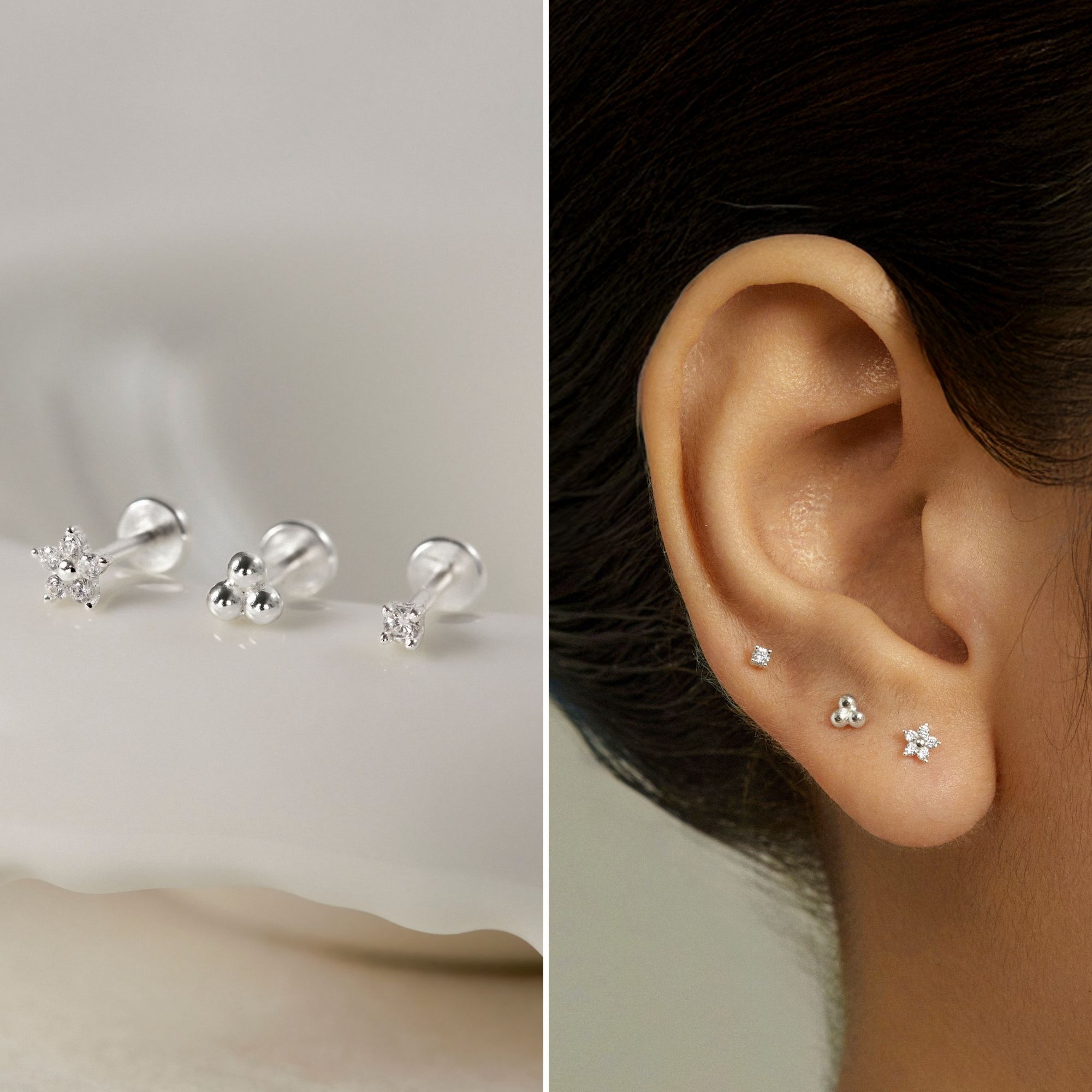 Set Khuyên Tai Chốt Phẳng Bạc 925 Flat Back Hoa Nhí - Set Flower Studs