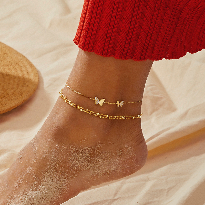 Lắc Chân Bạc 925 Hai Sợi Xích Bi Lớn So Le Double Ball Anklet - VCA03