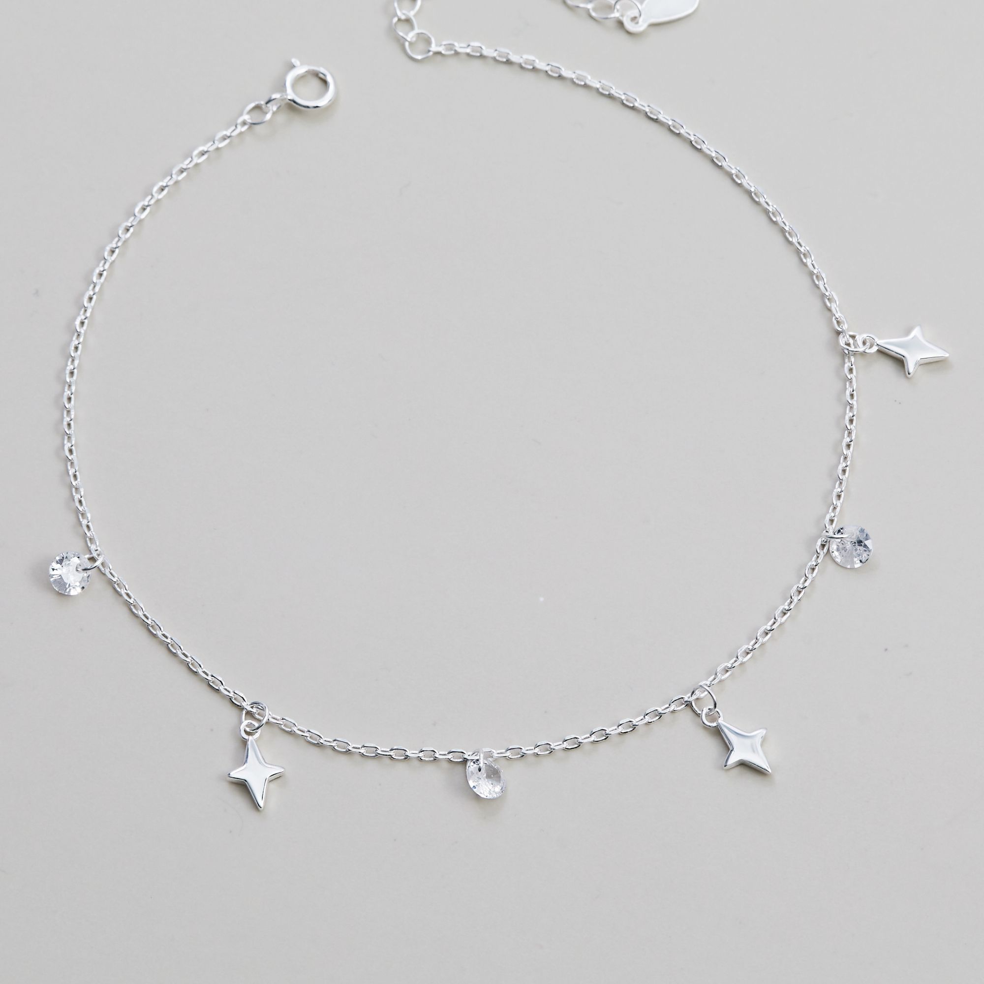 Quà Tặng 8/3 Lắc Chân Bạc 925 Charm Cỏ 4 Lá/ Sao 4 Cánh Xen Kẽ Charm Tròn Đính Đá - VCA501