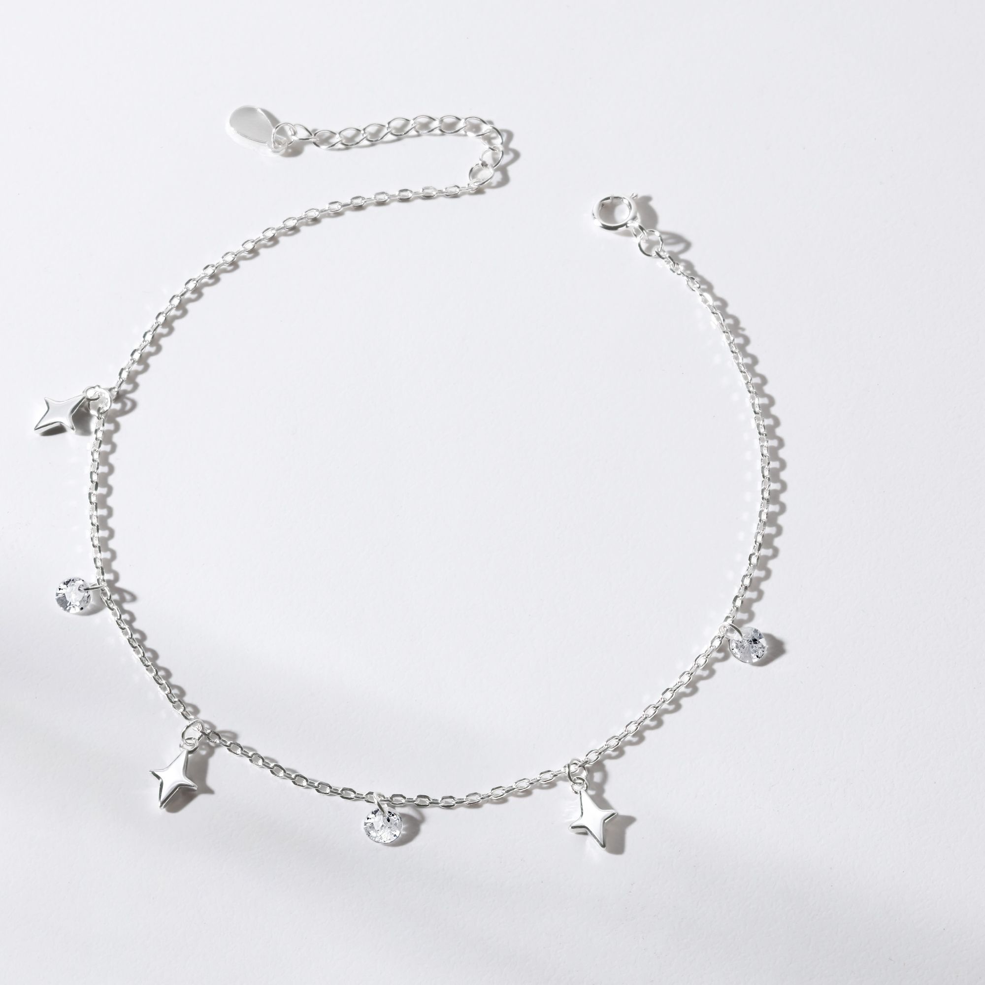 Quà Tặng 8/3 Lắc Chân Bạc 925 Charm Cỏ 4 Lá/ Sao 4 Cánh Xen Kẽ Charm Tròn Đính Đá - VCA501