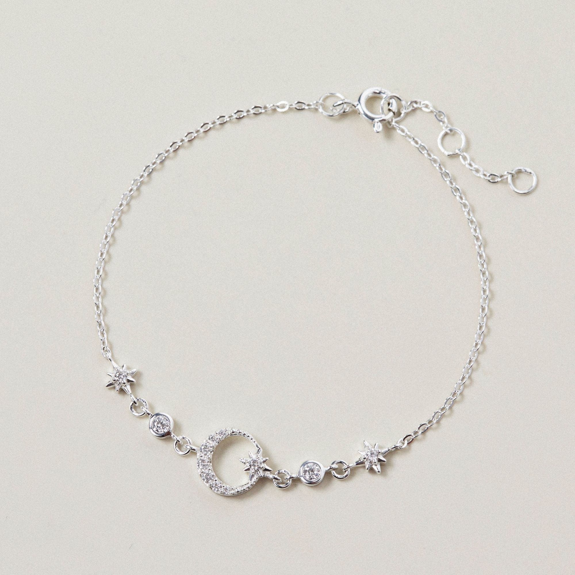 Lắc Tay Bạc 925 Hình Trăng Sao Đính Đá Xen Kẽ Moon Star Bracelet - VCB18