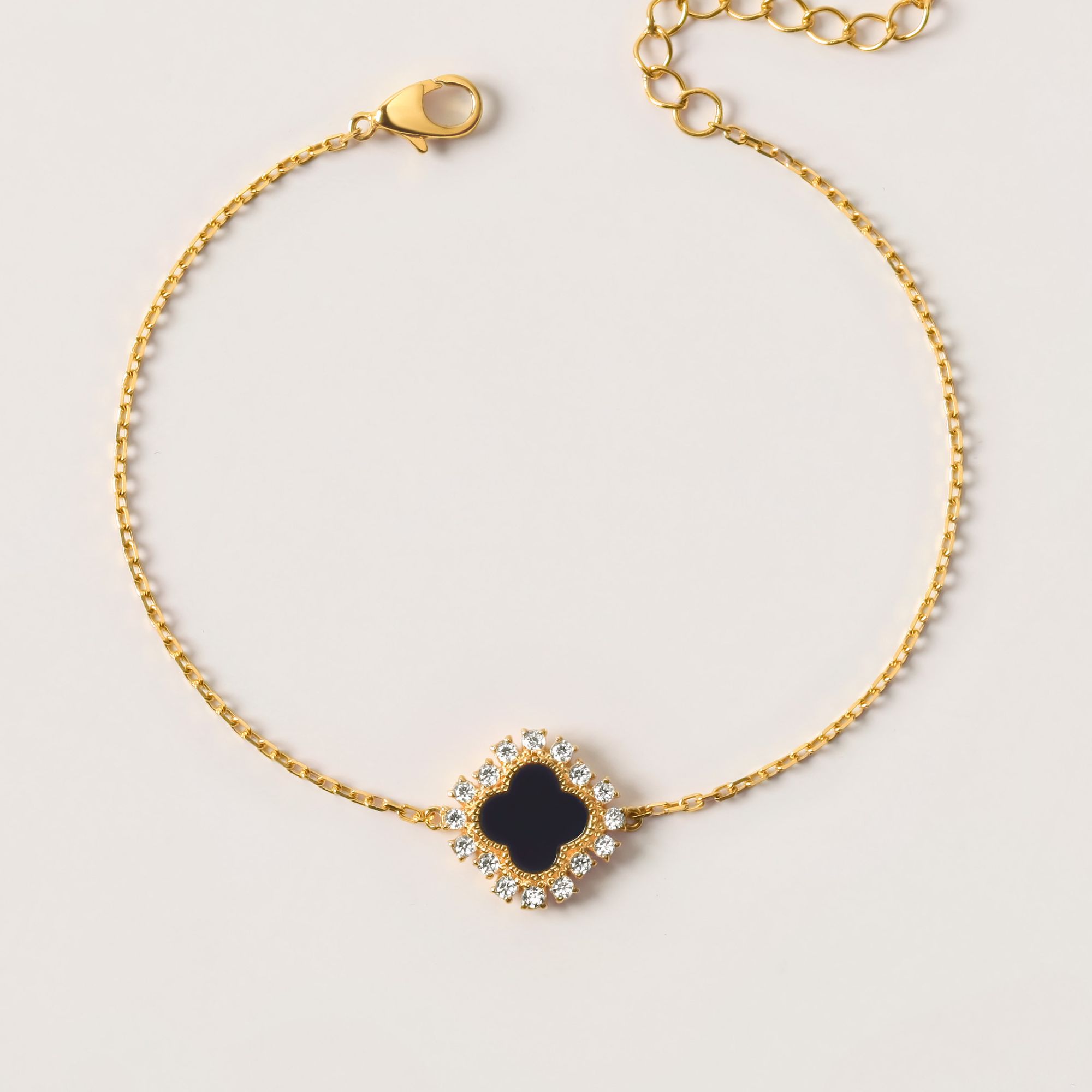 Quà Tặng 8/3 Vòng Tay Bạc 925 Cỏ 4 Lá Đá Onyx Đen 4 Leaf Clover - VCB36