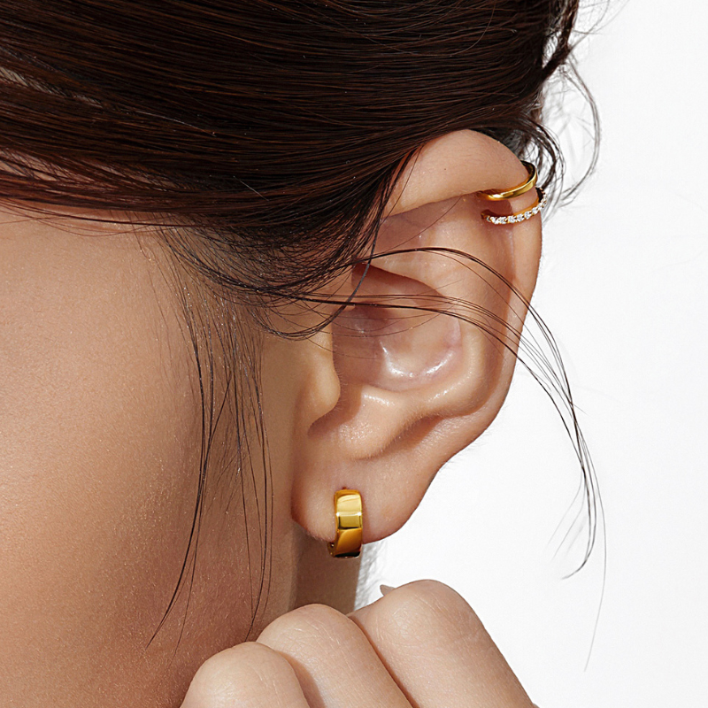 (1 cái) Khuyên Tai Bạc 925 Tròn Bản Dày Hoop Huggie-VCE07-L