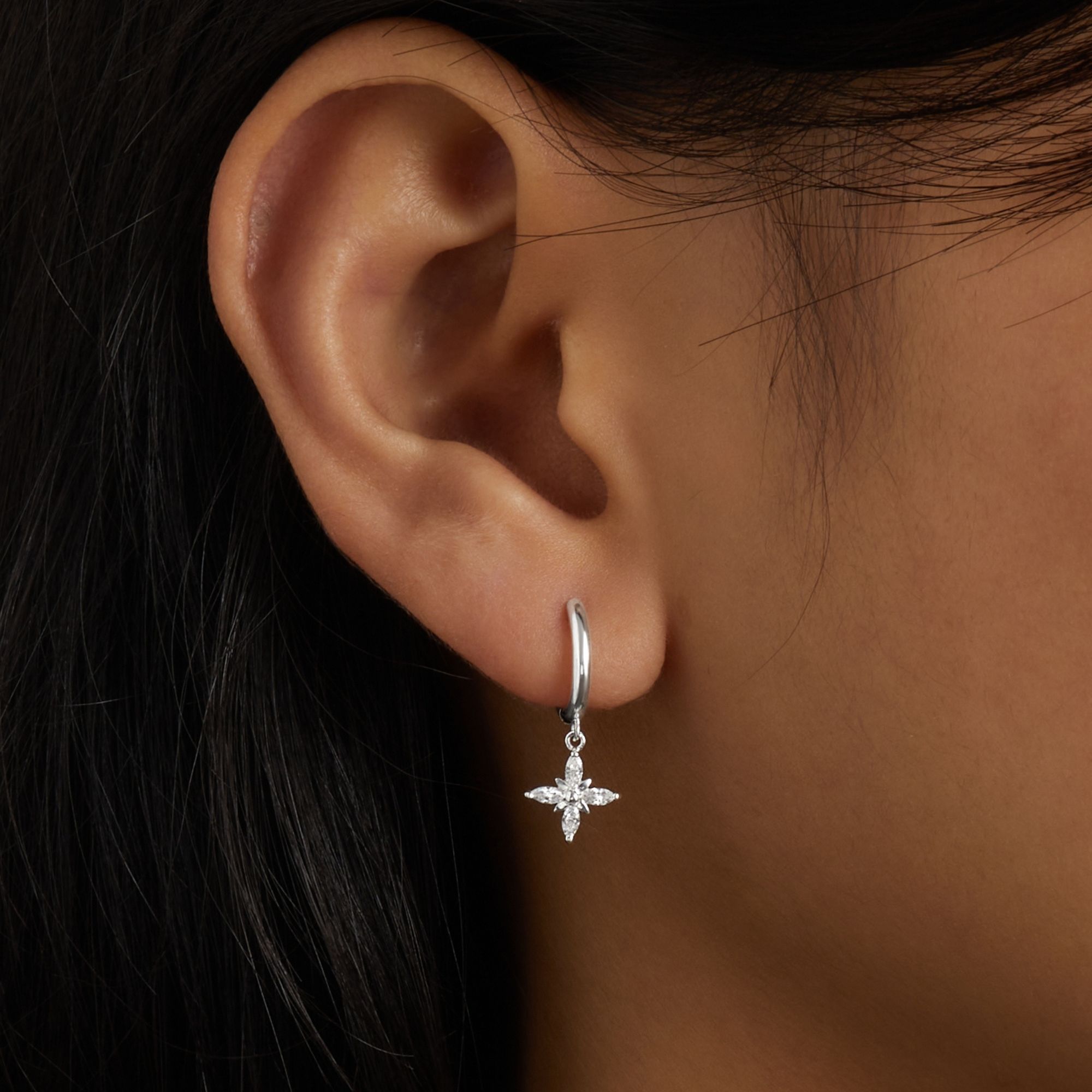 (1 cái) Khuyên Tai Bạc 925 Hình Ngôi Sao 4 Cánh/ Cỏ 4 Lá Đính Đá Star Stone Hoop Drop-VCE35-L