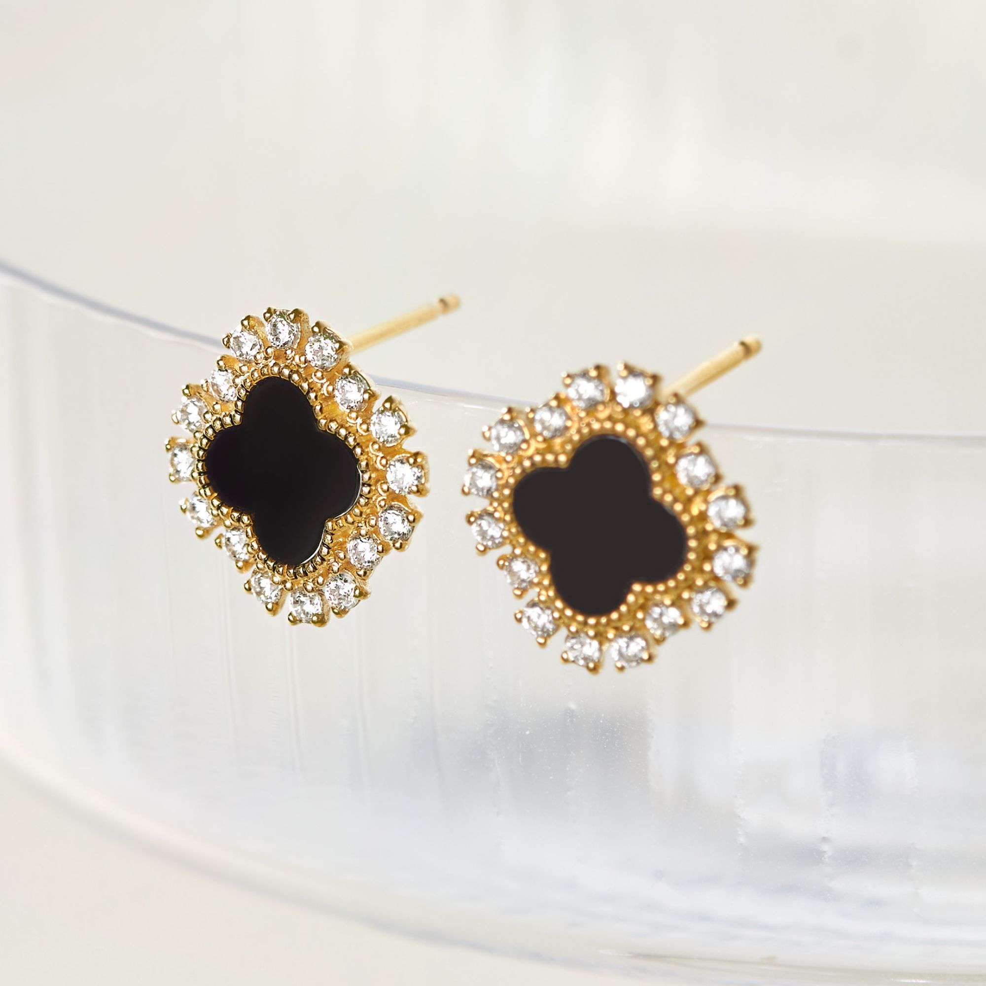 Bông Tai Bạc 925 Cỏ 4 Lá Đá Onyx Đen 4 Leaf Clover - VCE36