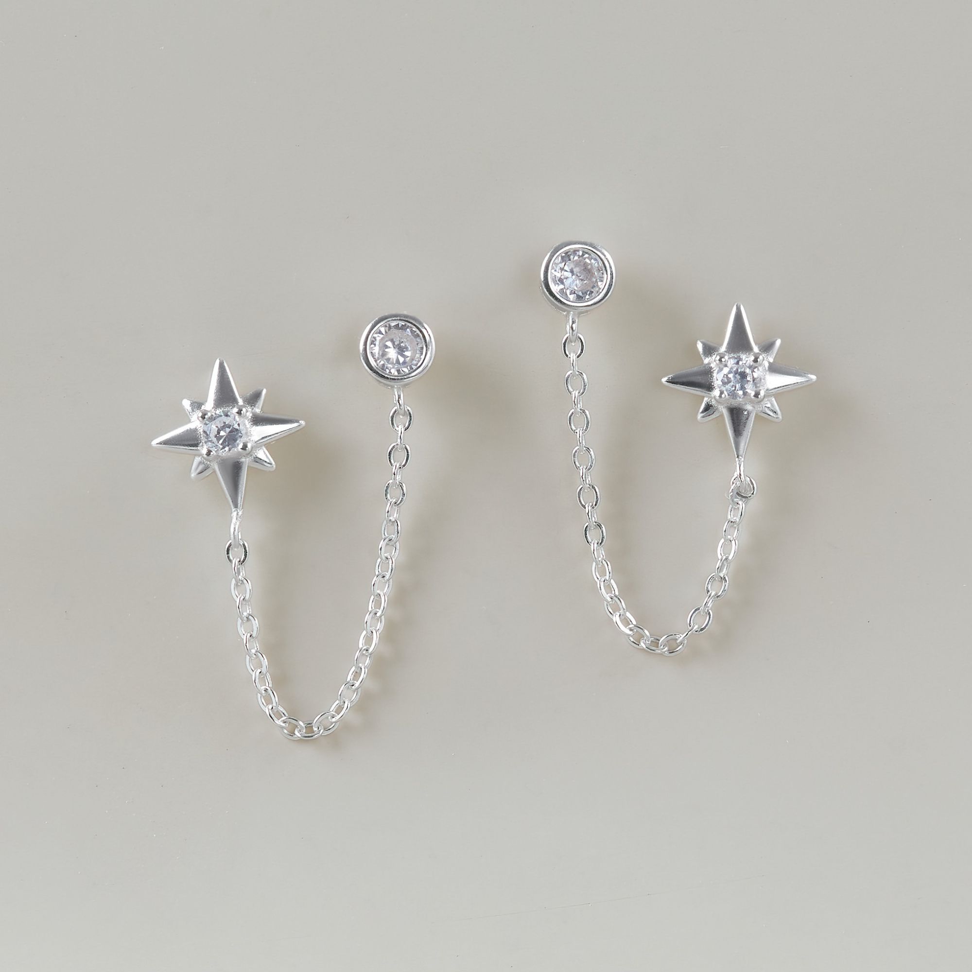(1 Cái) Khuyên Tai 2 Lỗ Bạc 925 Dạng Xích Mặt Sao Đính Đá Star Tassel Earrings - VCE502-L