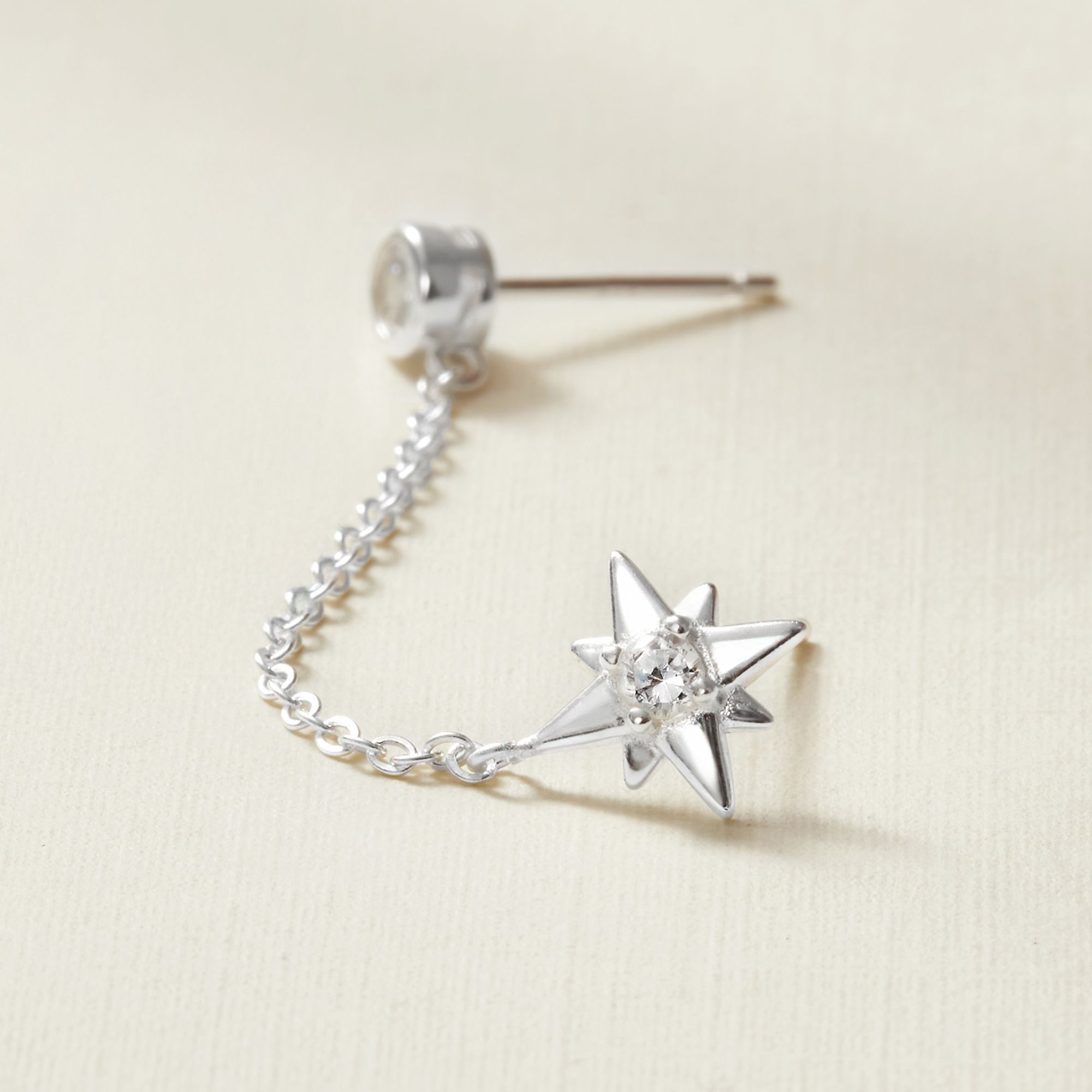 (1 Cái) Khuyên Tai 2 Lỗ Bạc 925 Dạng Xích Mặt Sao Đính Đá Star Tassel Earrings - VCE502-L