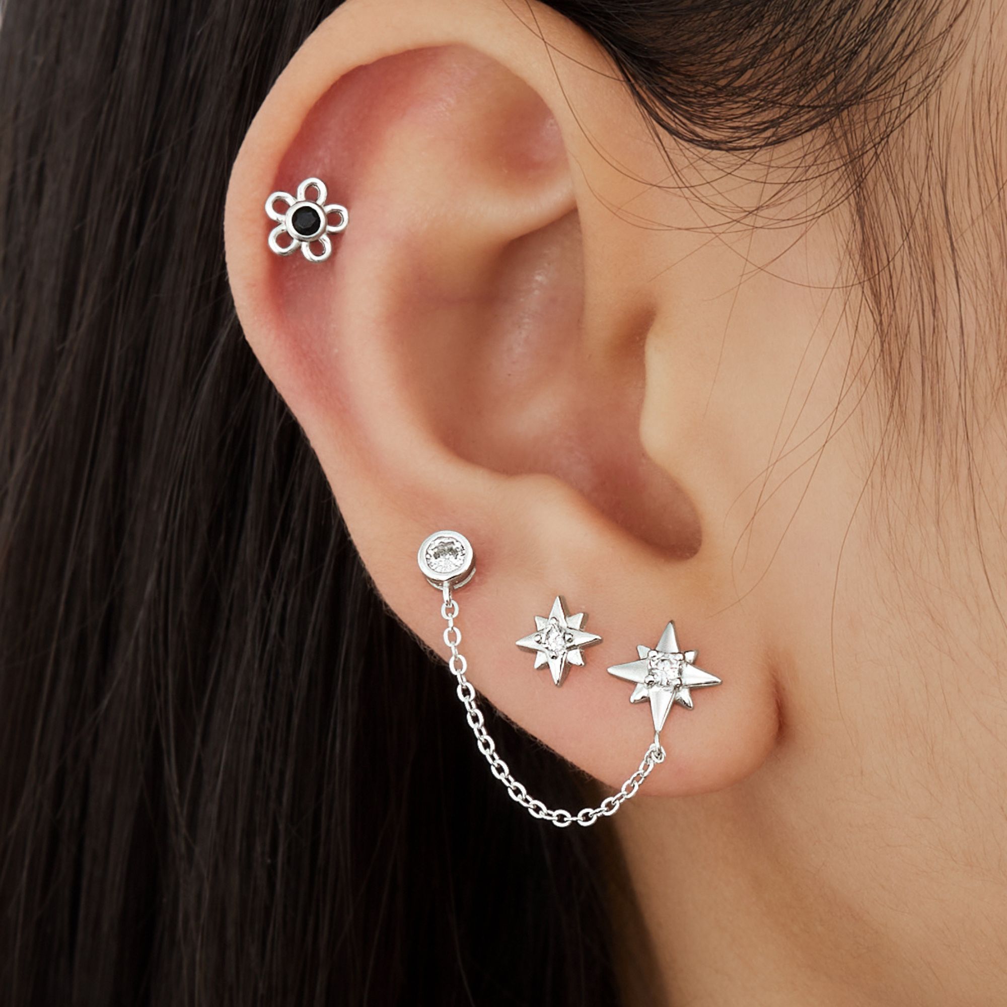 (1 Cái) Khuyên Tai Chốt Vặn Flat Back Bạc 925 Nụ Sao 8 Cánh Đính Đá - VCE515-L