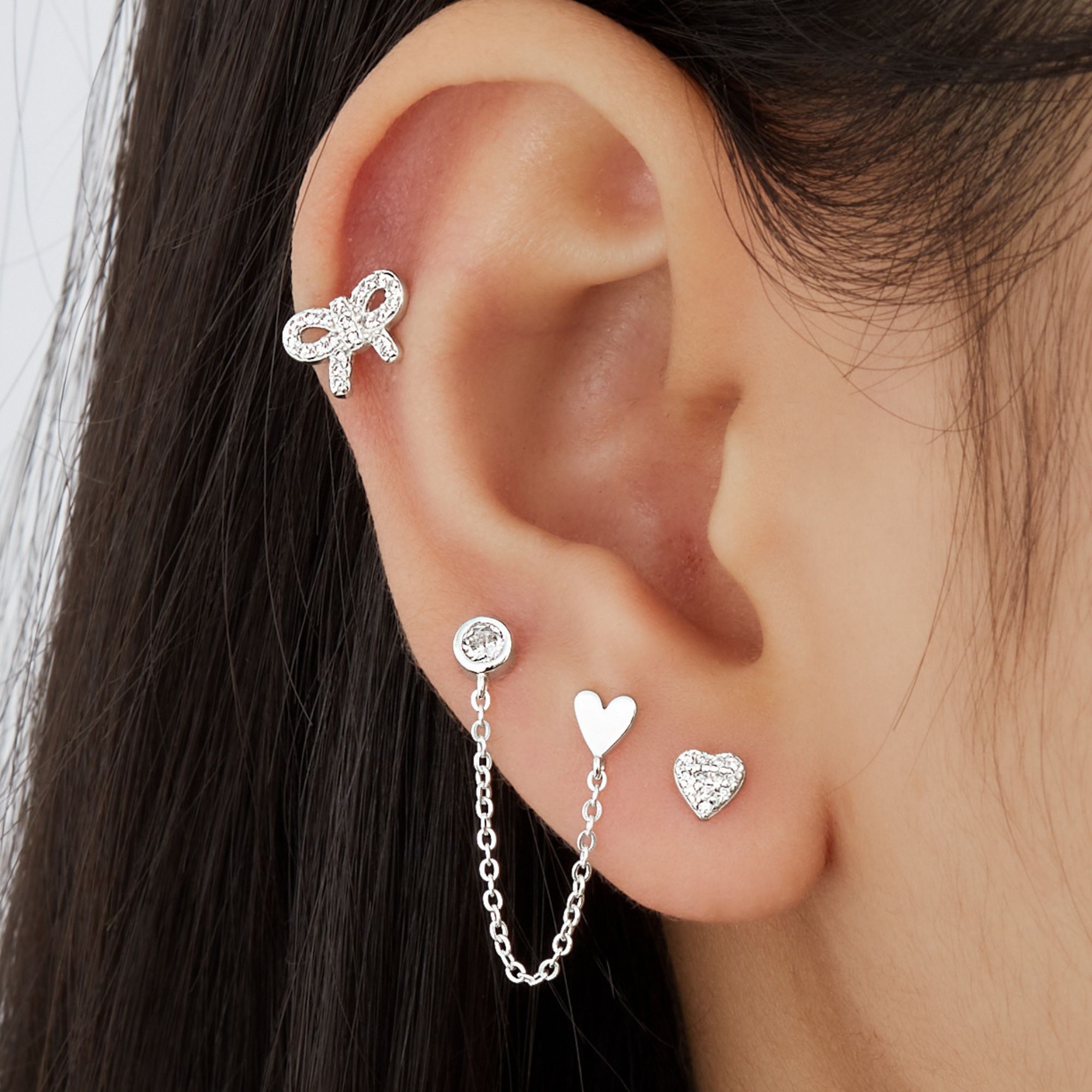 (1 Cái) Khuyên Tai 2 Lỗ Bạc 925 Dây Xích Stud Trái Tim và Nụ Tròn Double Chain - VCE524-L