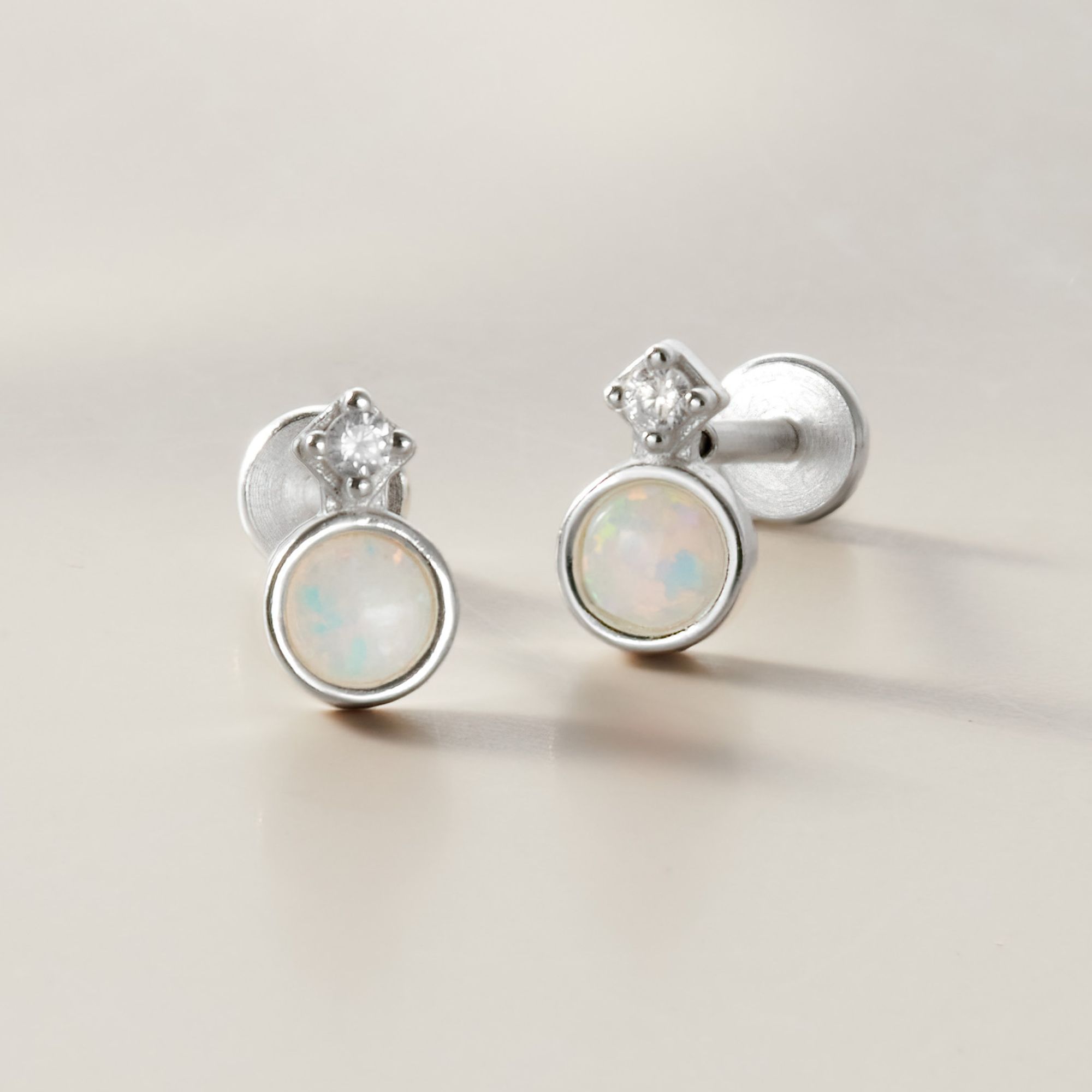 (1 Cái) Khuyên Tai Chốt Vặn Flat Back Bạc 925 Đá Opal Tròn Opal Stud Earrings - VCE514-L