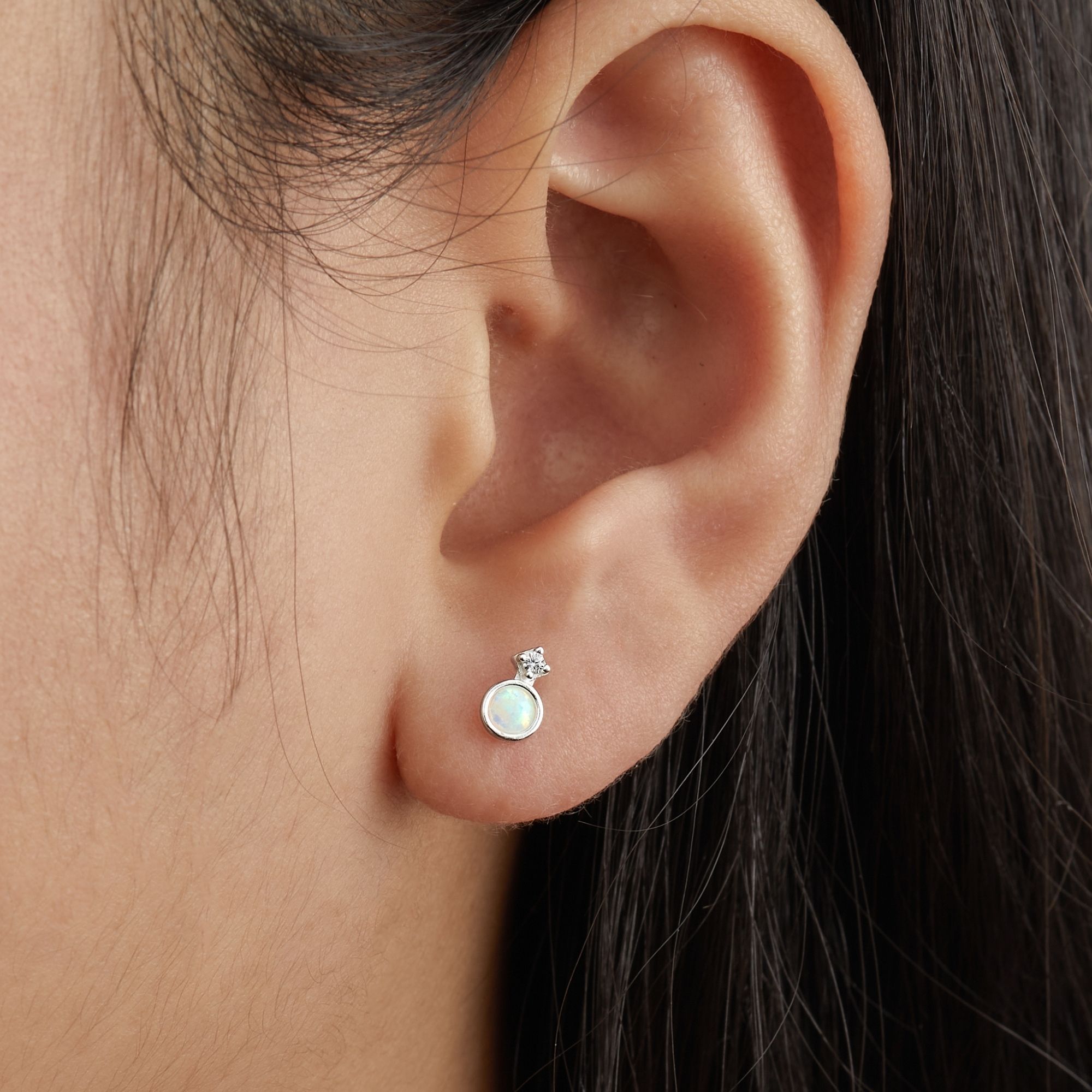(1 Cái) Khuyên Tai Chốt Vặn Flat Back Bạc 925 Đá Opal Tròn Opal Stud Earrings - VCE514-L