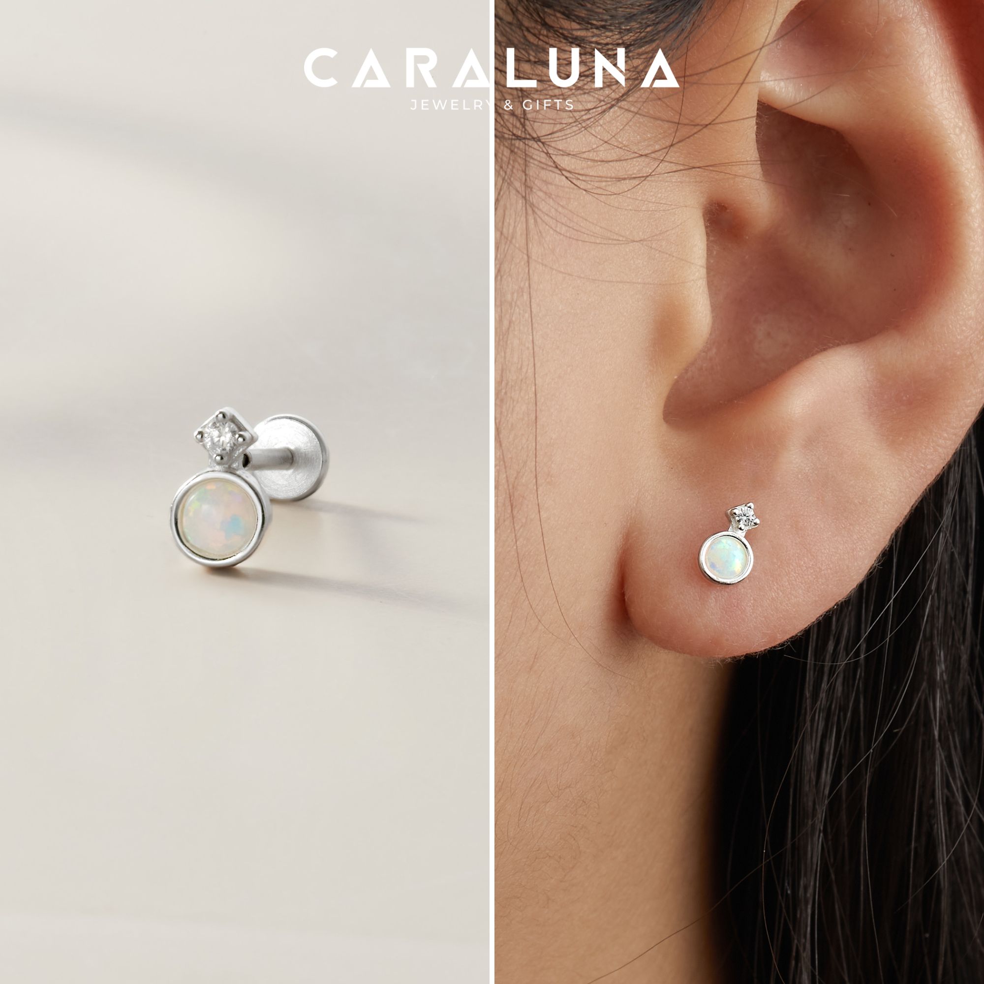 (1 Cái) Khuyên Tai Chốt Vặn Flat Back Bạc 925 Đá Opal Tròn Opal Stud Earrings - VCE514-L