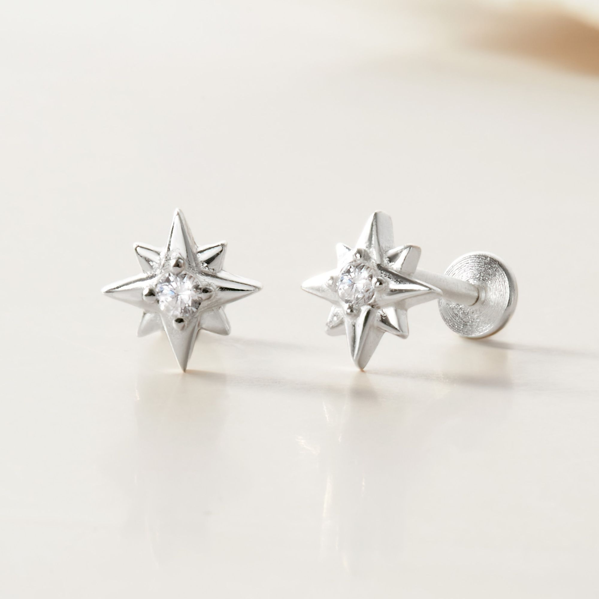 (1 Cái) Khuyên Tai Chốt Vặn Flat Back Bạc 925 Nụ Sao 8 Cánh Đính Đá - VCE515-L