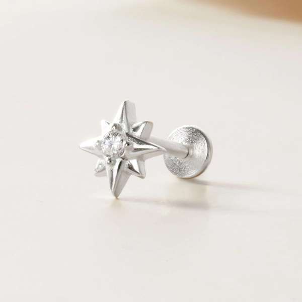 (1 Cái) Khuyên Tai Chốt Vặn Flat Back Bạc 925 Nụ Sao 8 Cánh Đính Đá - VCE515-L
