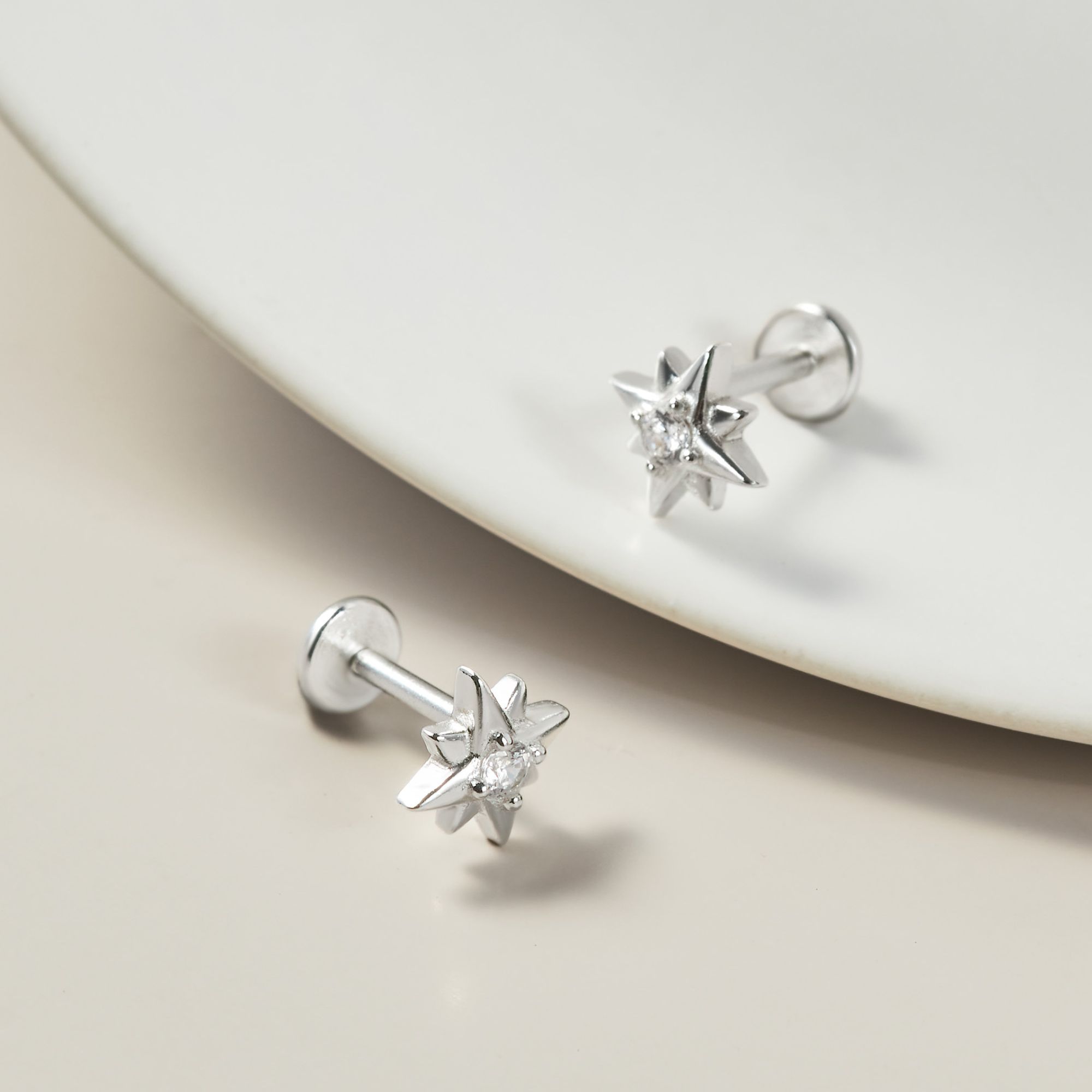 (1 Cái) Khuyên Tai Chốt Vặn Flat Back Bạc 925 Nụ Sao 8 Cánh Đính Đá - VCE515-L