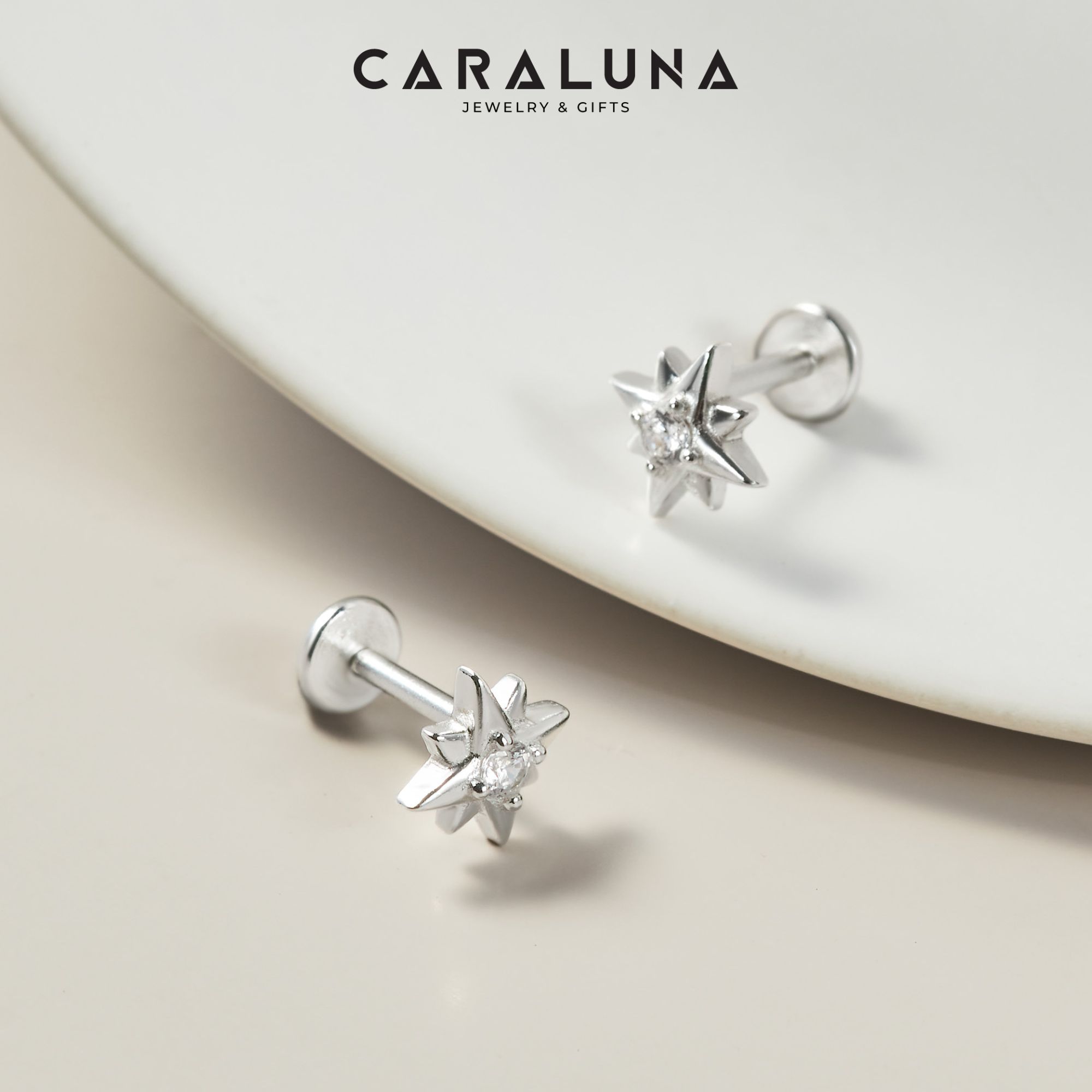 (1 Cái) Khuyên Tai Chốt Vặn Flat Back Bạc 925 Nụ Sao 8 Cánh Đính Đá - VCE515-L