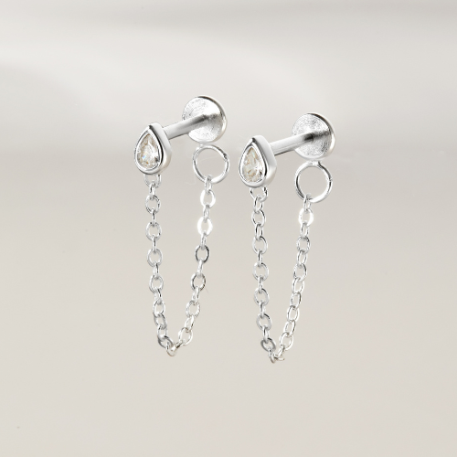 (1 Cái) Khuyên Tai Jacket Chốt Vặn Flat Back Bạc 925 Dây Xích Stud Đính Đá Chain Jacket Earrings - VCE517-L