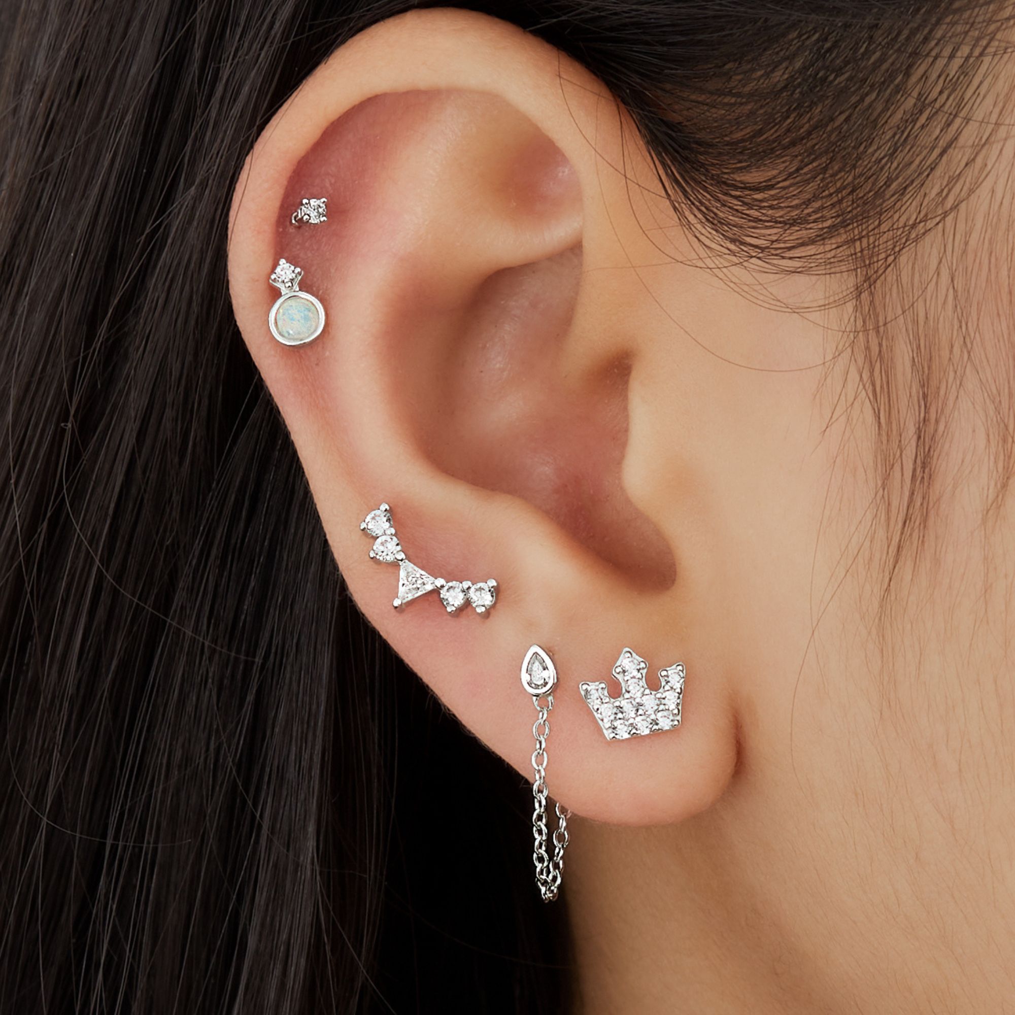 (1 Cái) Khuyên Tai Jacket Chốt Vặn Flat Back Bạc 925 Dây Xích Stud Đính Đá Chain Jacket Earrings - VCE517-L
