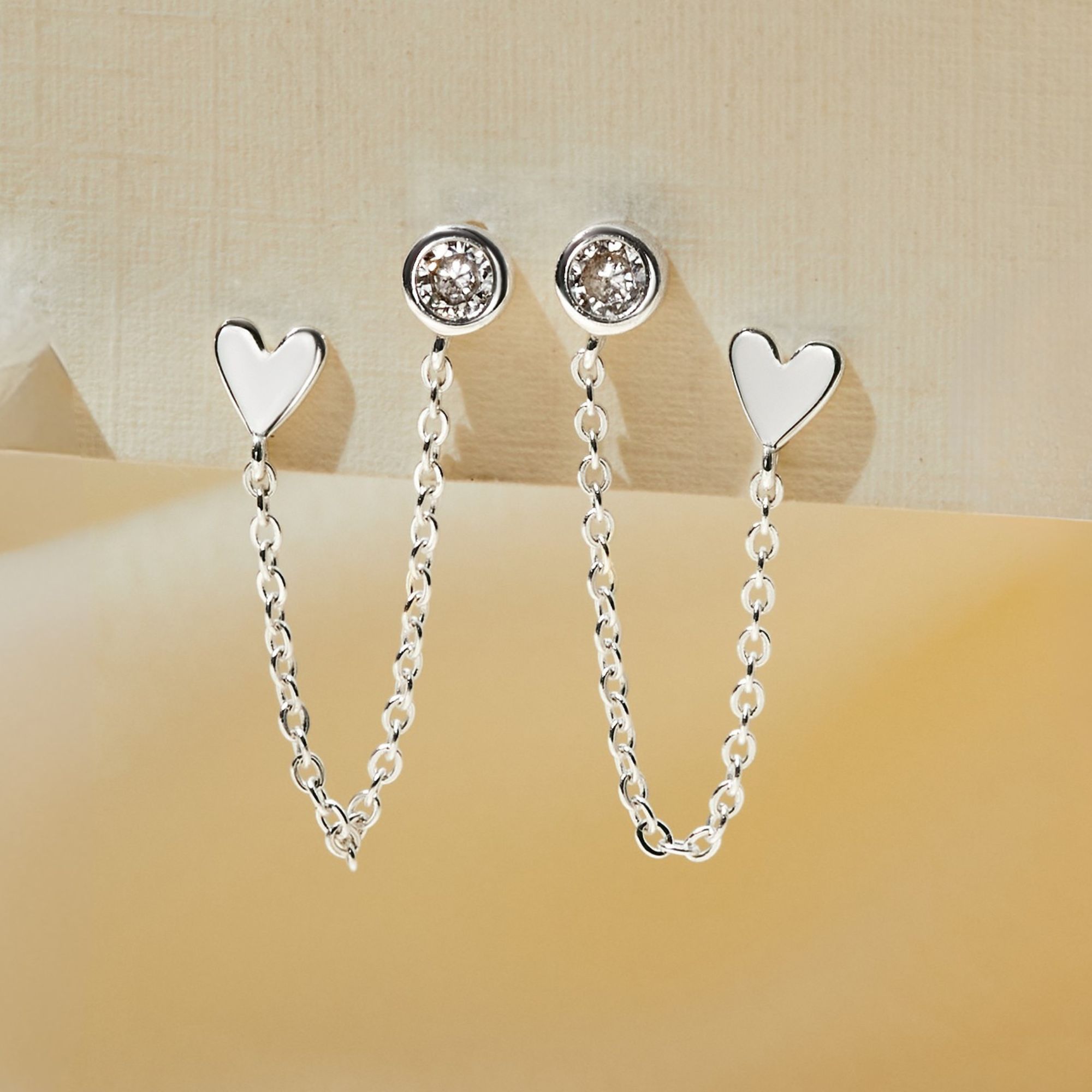 (1 Cái) Khuyên Tai 2 Lỗ Bạc 925 Dây Xích Stud Trái Tim và Nụ Tròn Double Chain - VCE524-L