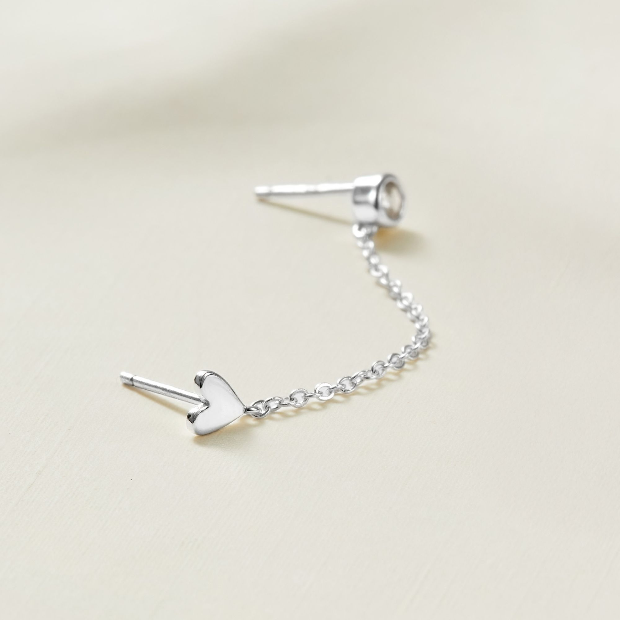 (1 Cái) Khuyên Tai 2 Lỗ Bạc 925 Dây Xích Stud Trái Tim và Nụ Tròn Double Chain - VCE524-L